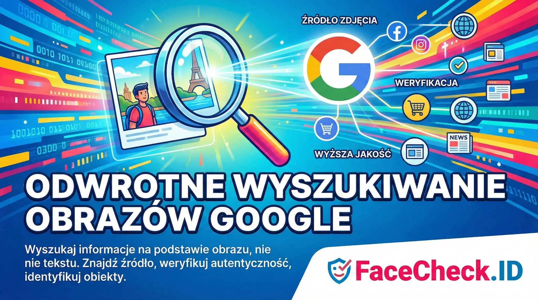 Grafika promująca odwrotne wyszukiwanie obrazów Google z lupą analizującą zdjęcie i logo FaceCheck.ID.