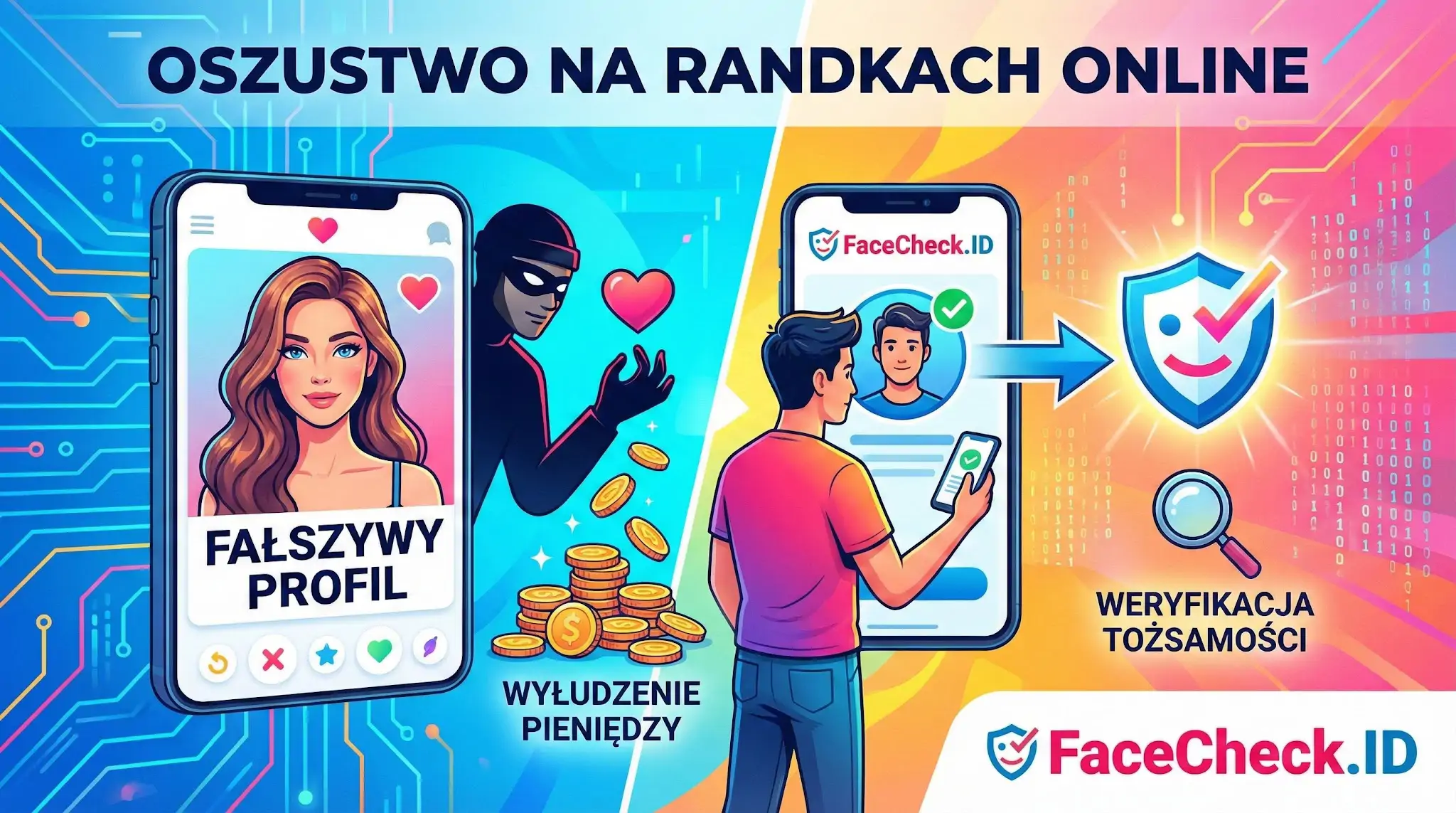 Grafika przedstawiająca Oszustwo Na Randkach Online: po lewej złodziej tworzy fałszywy profil, by wyłudzić pieniądze, po prawej FaceCheck.ID służący do weryfikacji tożsamości.