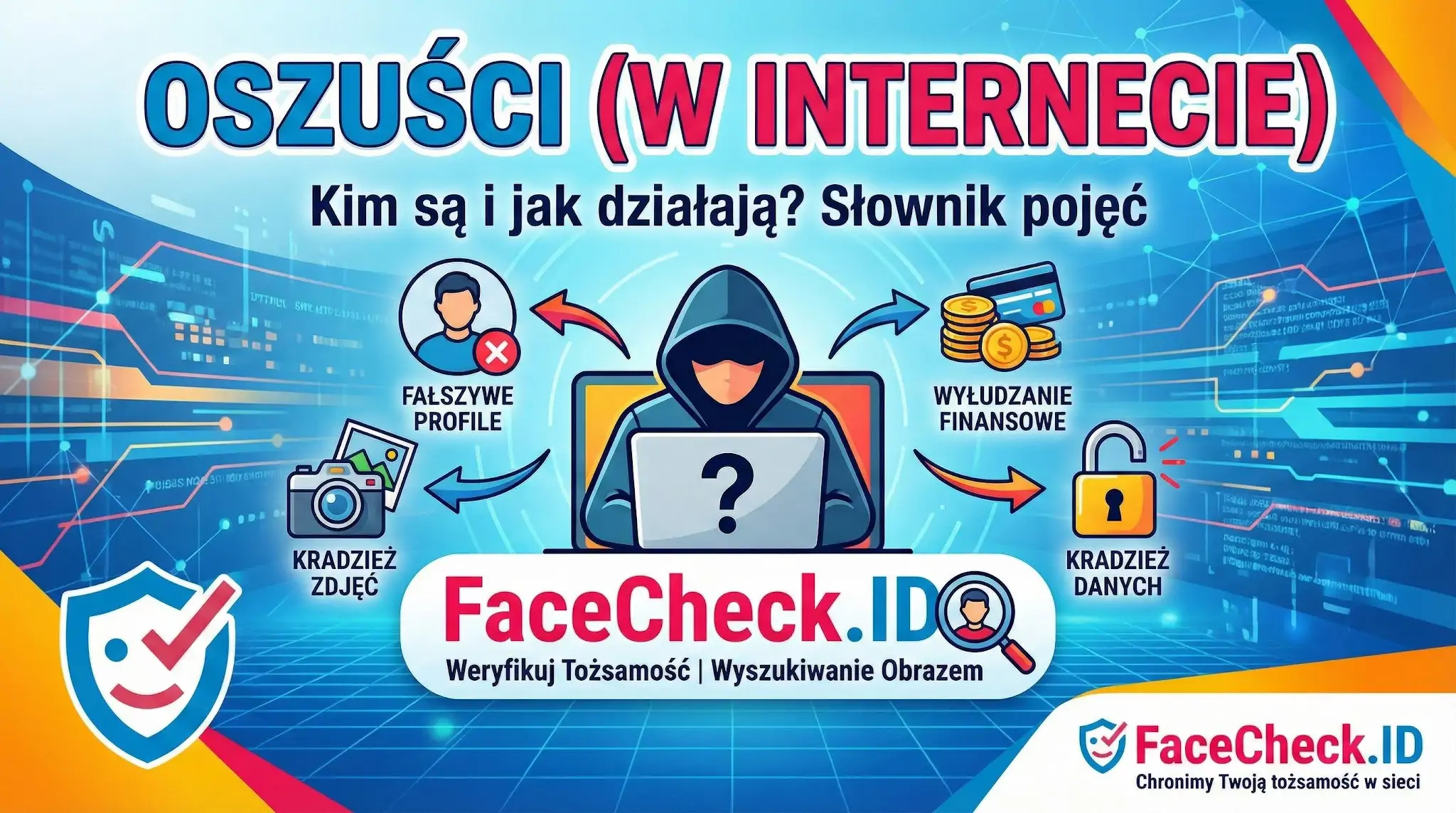 Oszuści w internecie: grafika o metodach działania cyberprzestępców, takich jak fałszywe profile, wyłudzanie finansowe i kradzież danych.