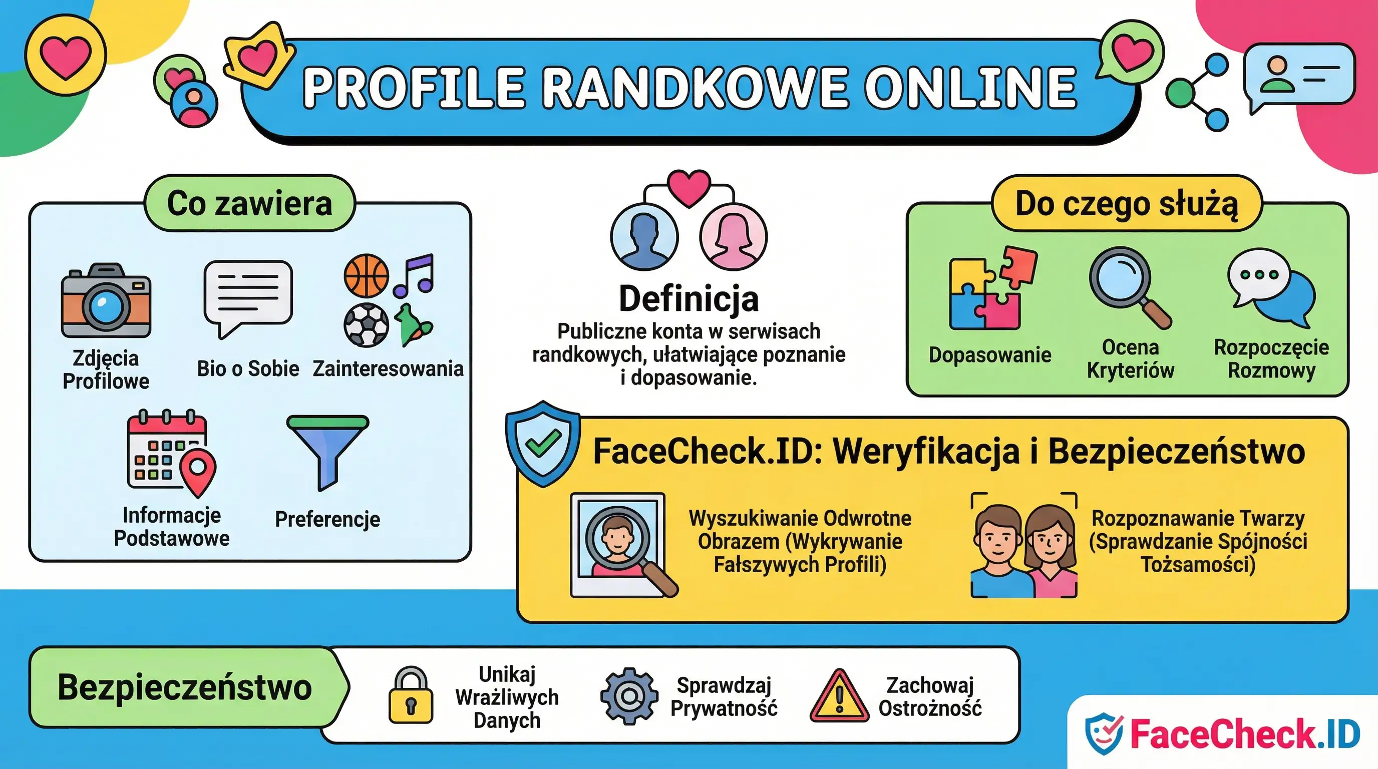 Infografika wyjaśniająca profile randkowe online: ich zawartość, cel oraz zasady bezpieczeństwa i weryfikacji z FaceCheck.ID