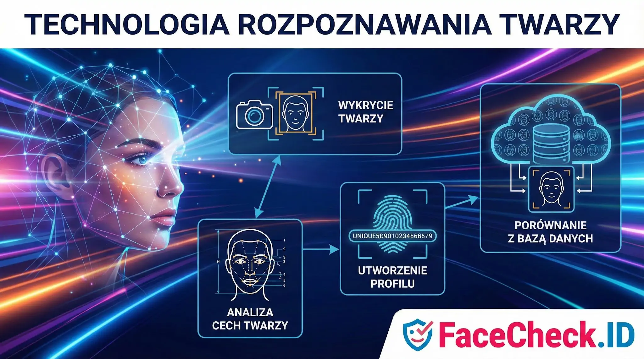 Infografika przedstawiająca jak działa Technologia Rozpoznawania Twarzy: proces od wykrycia i analizy cech, przez utworzenie profilu, do porównania z bazą danych.