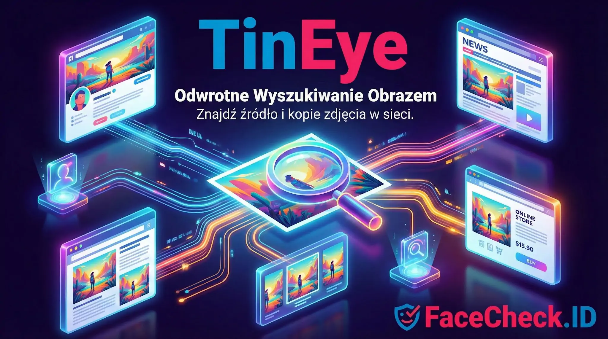 TinEye: Odwrotne Wyszukiwanie Obrazem. Grafika pokazuje proces znajdowania źródła i kopii zdjęcia w internecie.
