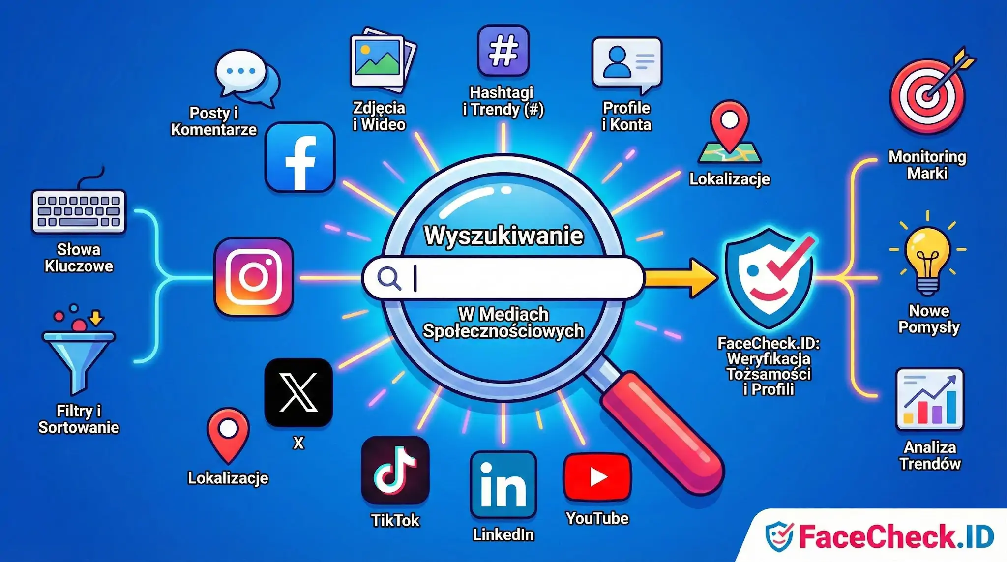 Wyszukiwanie W Mediach Społecznościowych Infografika przedstawiająca lupę i pasek wyszukiwania, ilustrująca Wyszukiwanie W Mediach Społecznościowych na platformach takich jak Facebook, Instagram, X, TikTok, LinkedIn i YouTube, z funkcją weryfikacji tożsamości FaceCheck.ID.