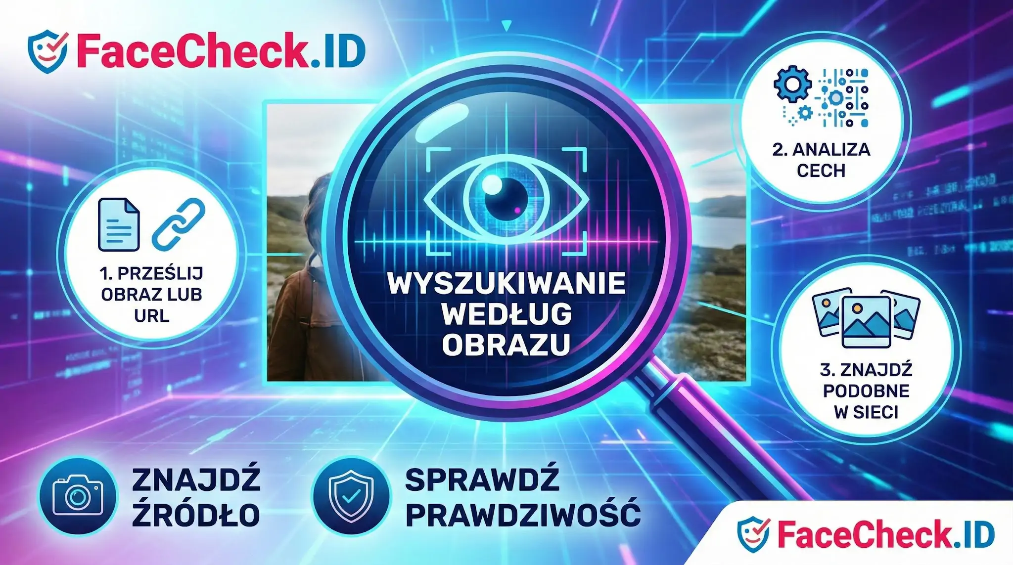 Infografika FaceCheck.ID pokazująca proces: prześlij plik, analiza cech i wyszukiwanie według obrazu, by znaleźć podobne zdjęcia w sieci.