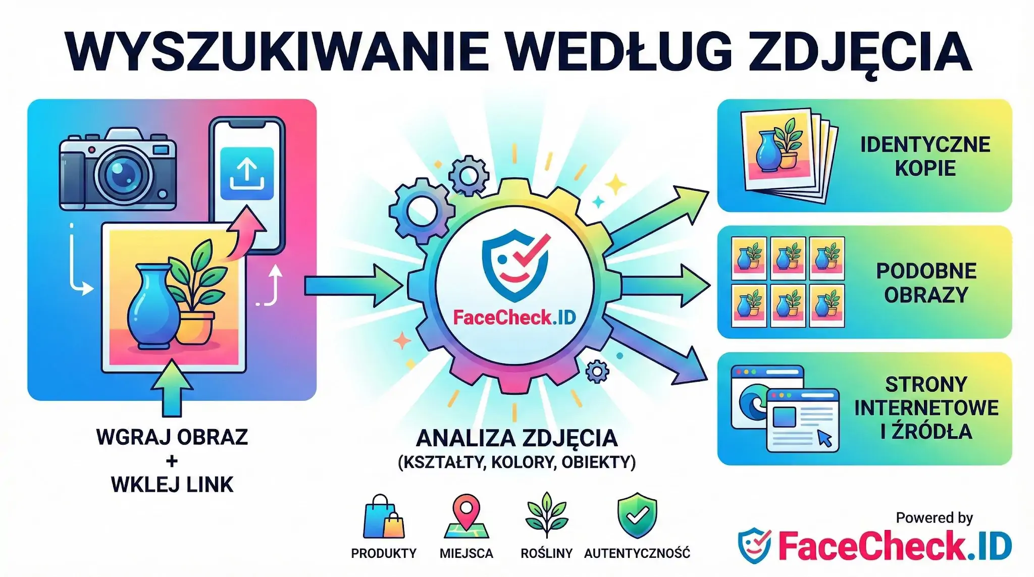Wyszukiwanie Według Zdjęcia Infografika wyjaśniająca wyszukiwanie według zdjęcia: wgraj obraz, a FaceCheck.ID znajdzie identyczne kopie, podobne obrazy i strony źródłowe.