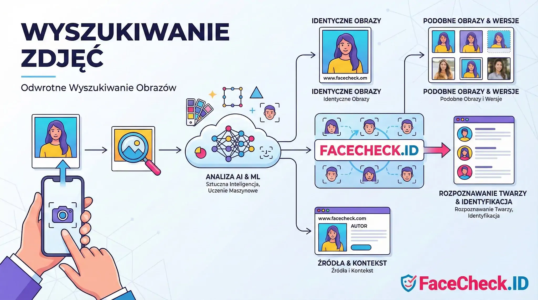 Infografika przedstawiająca proces Wyszukiwanie Zdjęć za pomocą FaceCheck.ID, od przesłania fotki, przez analizę AI, po identyfikację twarzy i źródeł.