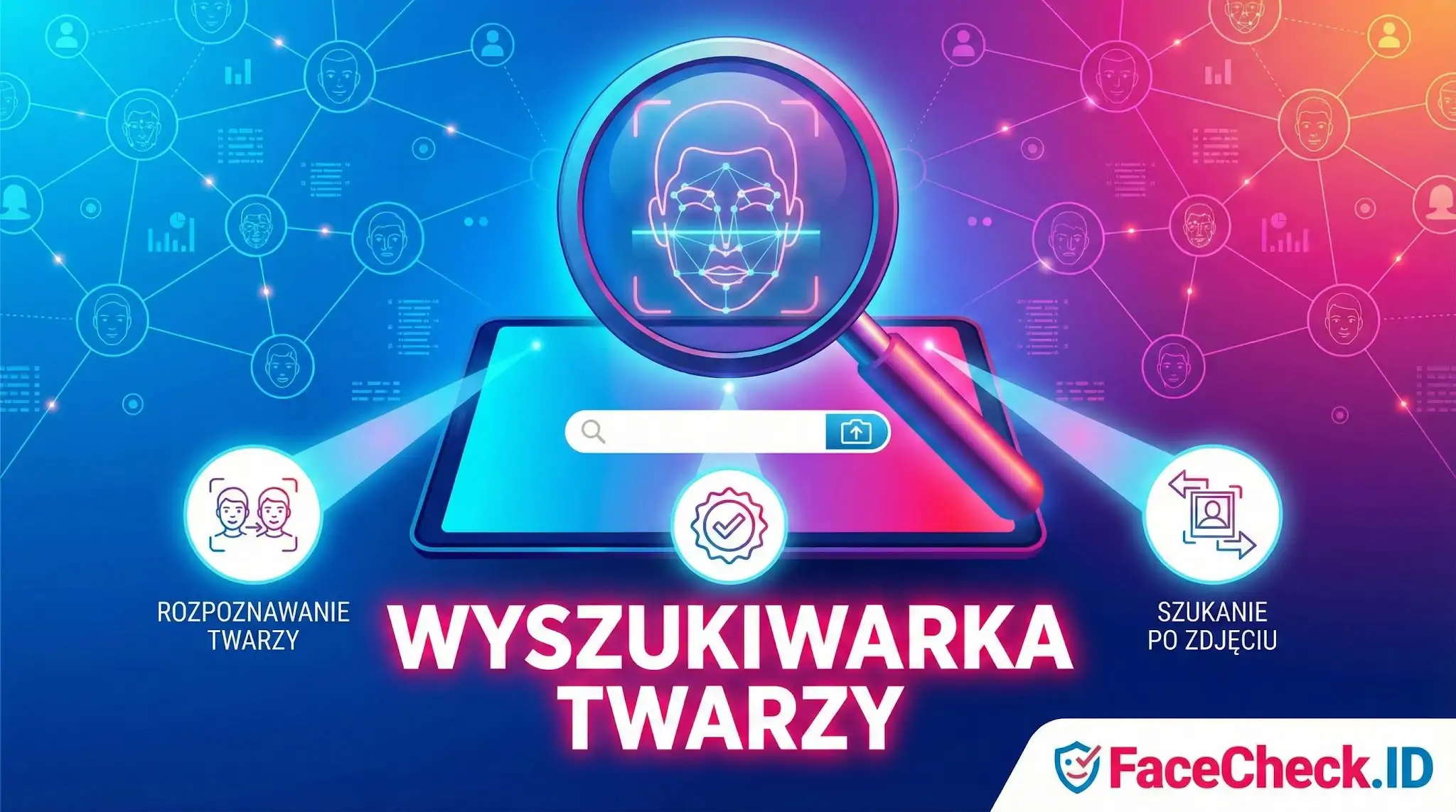 Wyszukiwarka twarzy FaceCheck.ID – ilustracja lupy skanującej twarz na tablecie z ikonami rozpoznawania i szukania po zdjęciu.