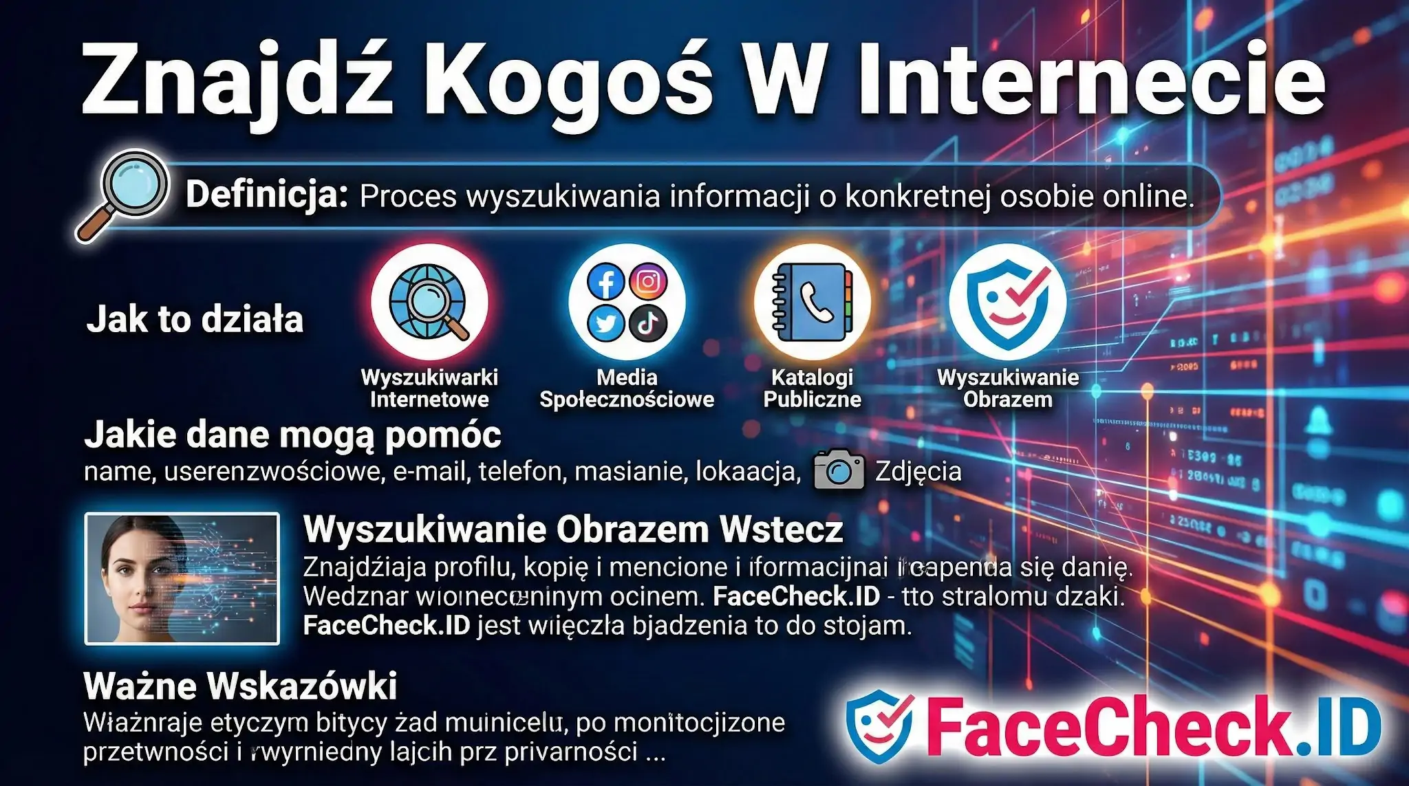 Infografika wyjaśniająca jak działa proces Znajdź Kogoś W Internecie, prezentująca metody takie jak wyszukiwarki, media społecznościowe i FaceCheck.ID.