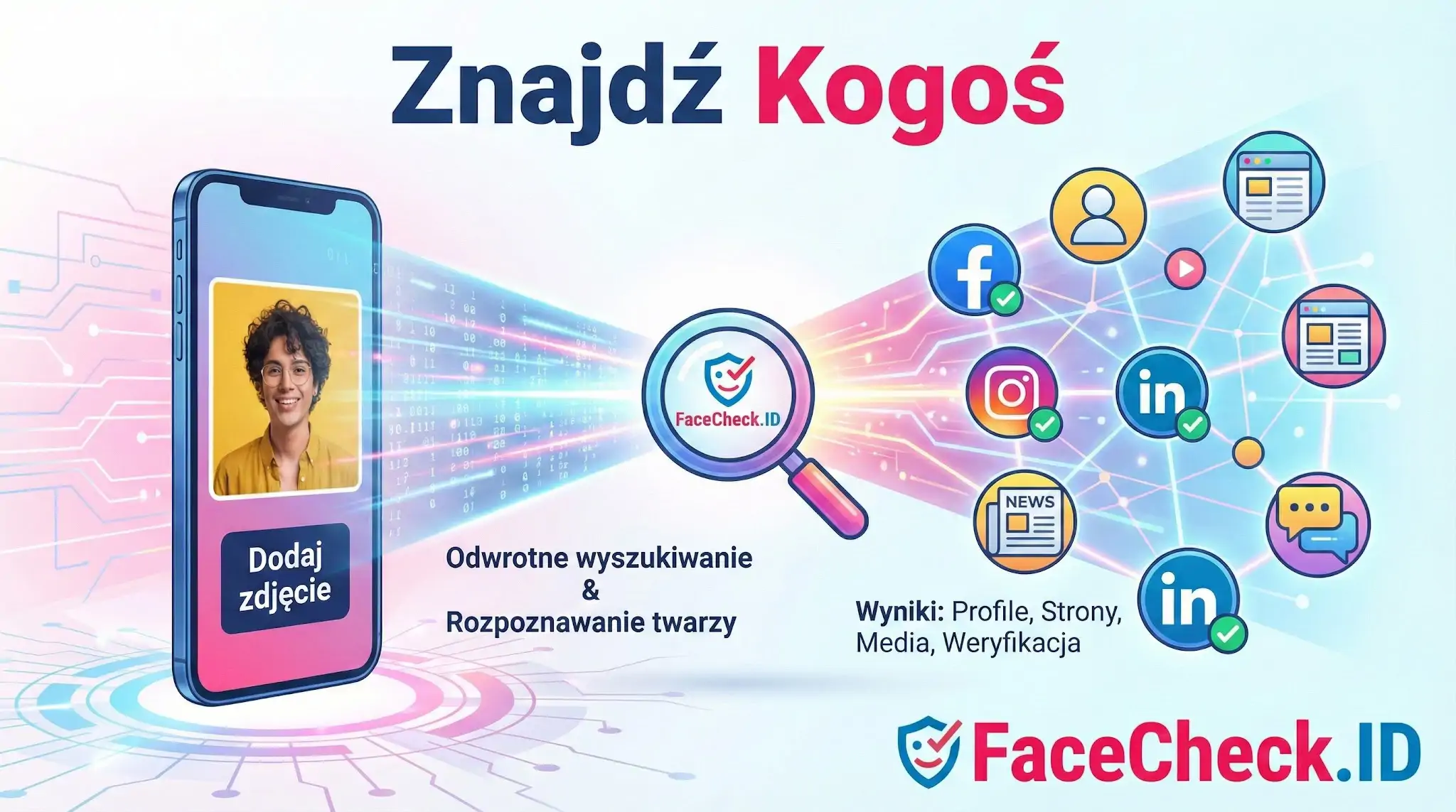 Smartfon ze zdjęciem i hasłem Znajdź Kogoś, ilustrujący odwrotne wyszukiwanie twarzy w mediach społecznościowych przez FaceCheck.ID.