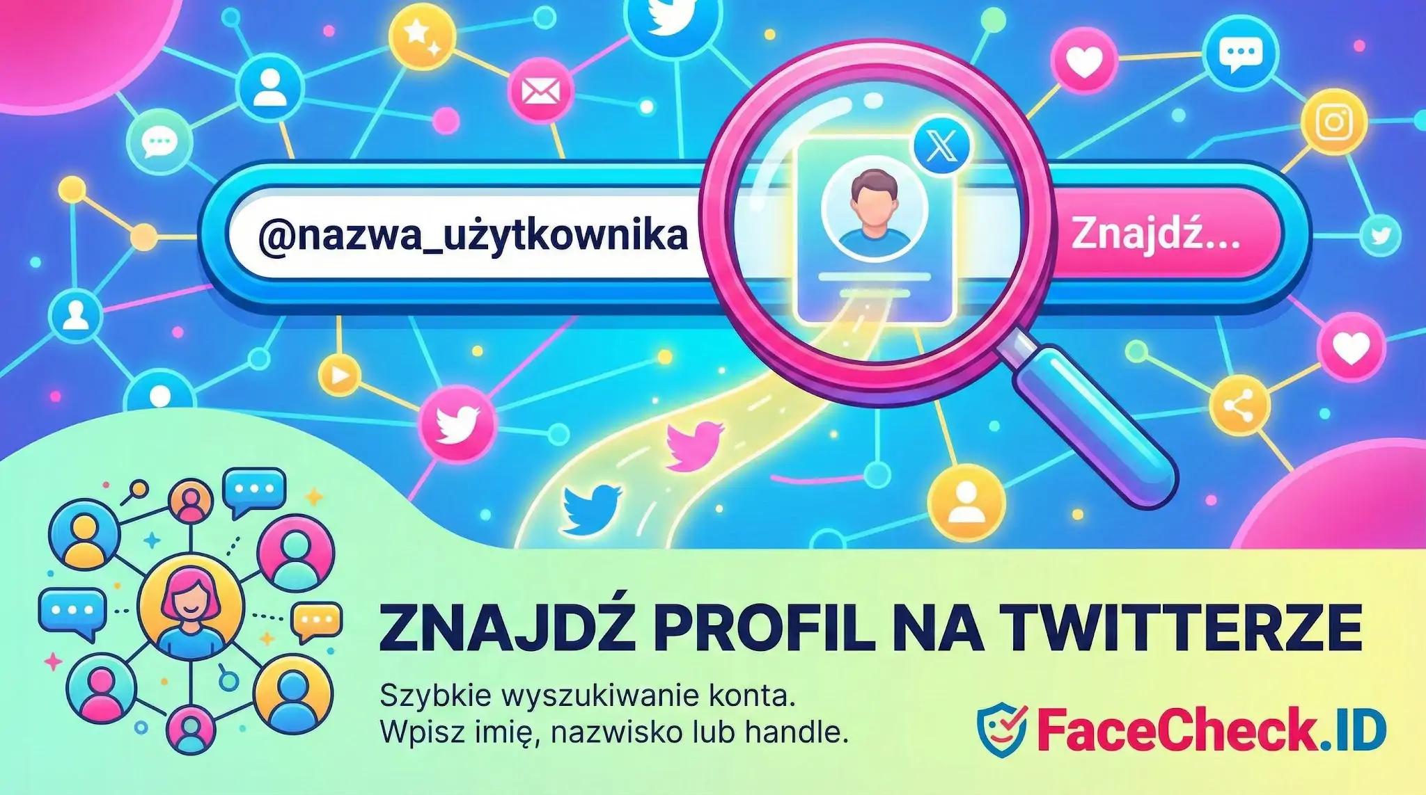 Grafika z lupą najeżdżającą na pasek wyszukiwania z tekstem @nazwa_użytkownika, promująca narzędzie FaceCheck.ID – Znajdź Profil na Twitterze po zdjęciu.