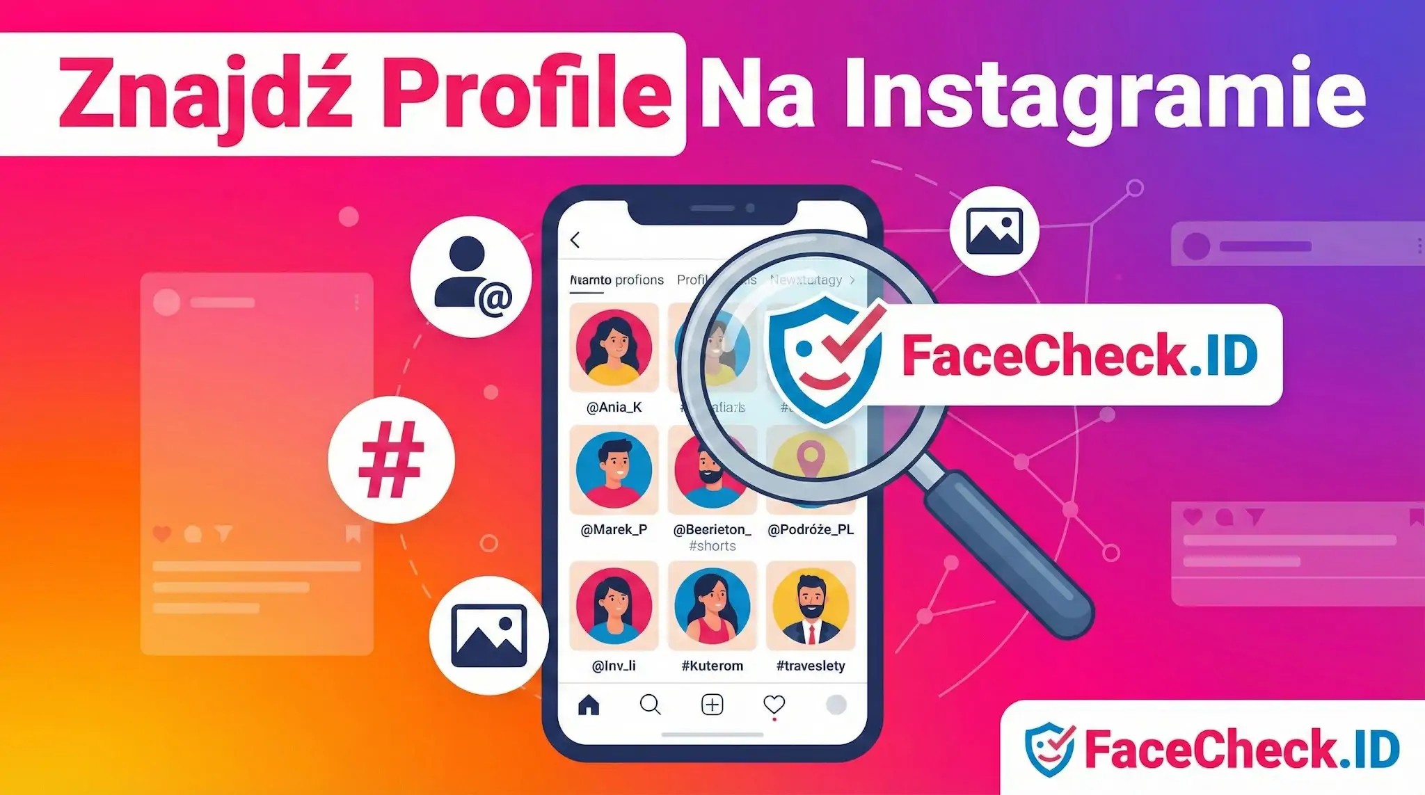 Znajdź Profile Na Instagramie za pomocą narzędzia FaceCheck.ID – grafika z lupą nad smartfonem.