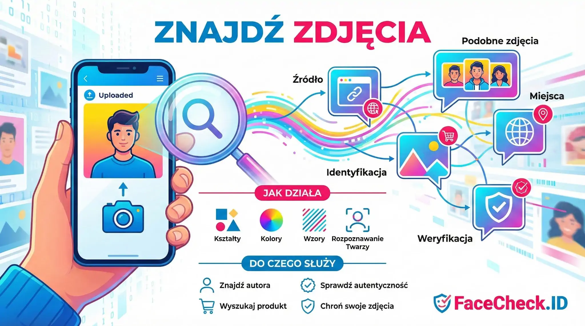 Infografika FaceCheck.ID pokazująca jak działa wyszukiwanie obrazem: znajdź zdjęcia, zidentyfikuj źródło, zweryfikuj tożsamość i chroń prywatność.