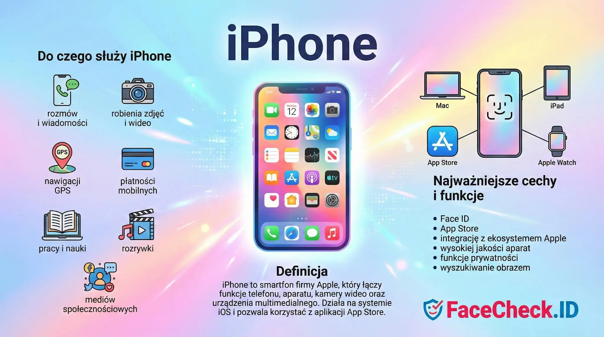 Infografika przedstawiająca funkcje i zastosowania iPhonea, w tym robienie zdjęć, nawigację GPS, płatności mobilne oraz integrację z ekosystemem Apple.
