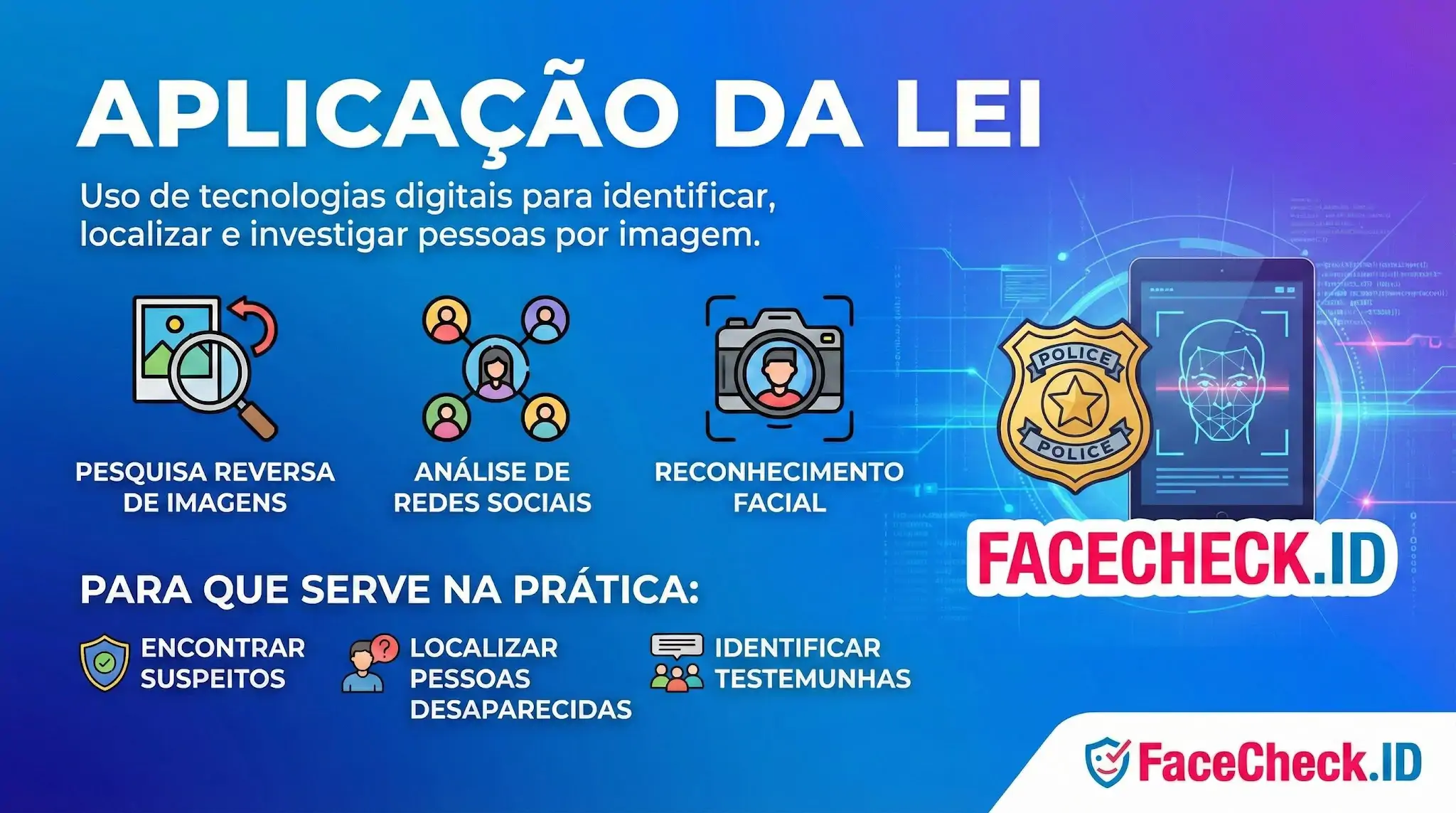 Infográfico sobre Aplicação Da Lei explicando o uso de tecnologias digitais como reconhecimento facial e pesquisa reversa de imagens para identificar e localizar pessoas.
