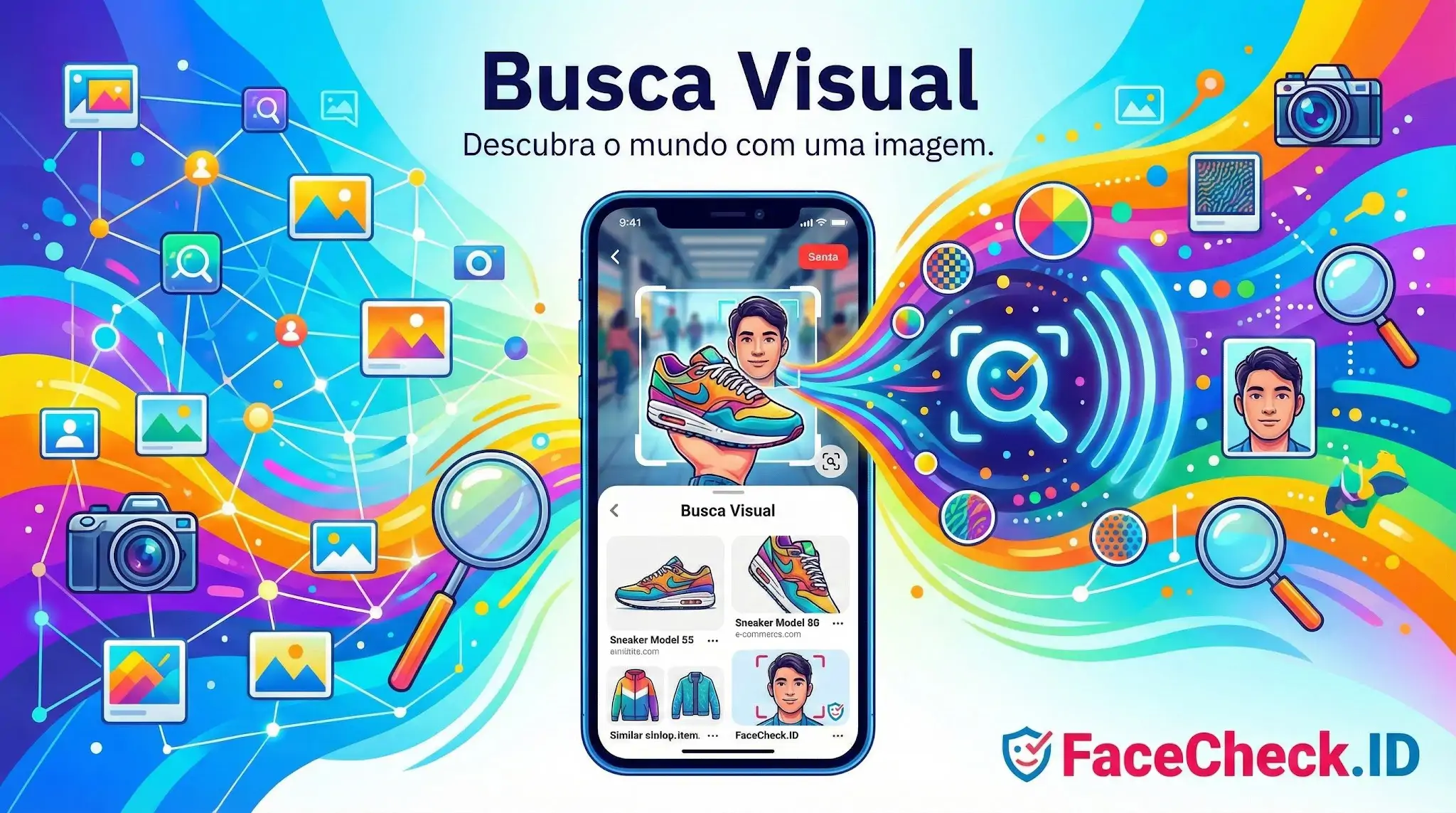 Ilustração de um smartphone realizando uma Busca Visual de um tênis e rosto, exibindo resultados de compras e identificação no app FaceCheck.ID.