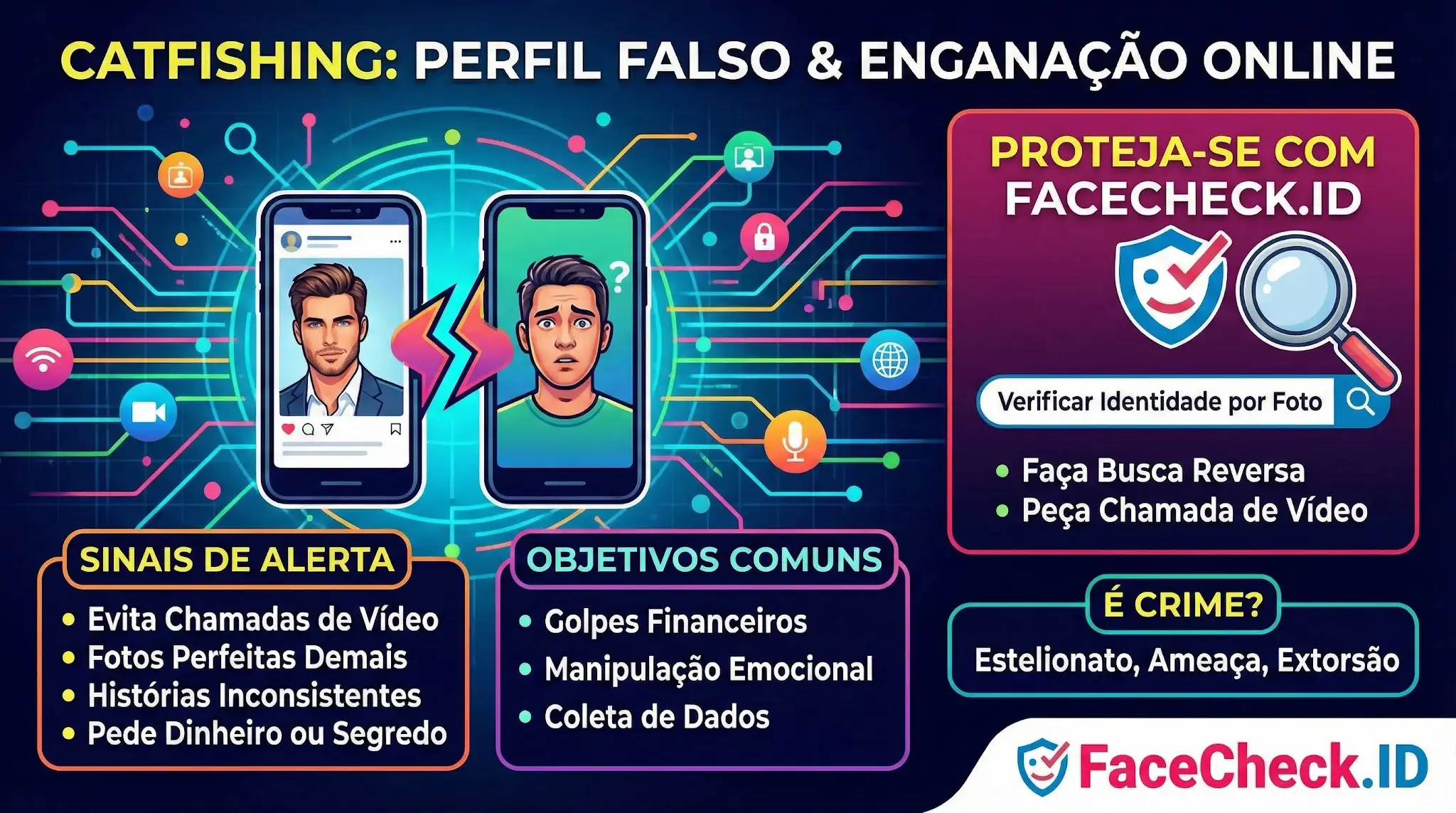 Catfishing Infográfico sobre Catfishing: perfil falso e enganação online. Mostra sinais de alerta, como evitar chamadas de vídeo, objetivos comuns de golpes e recomenda o uso do FaceCheck.ID para proteção.