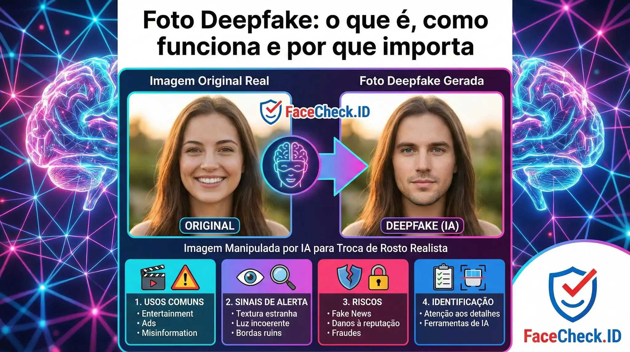 Foto Deepfake Infográfico explicativo sobre Foto Deepfake comparando uma imagem original de uma mulher com uma versão gerada por IA com rosto masculino, destacando usos, sinais de alerta e riscos.