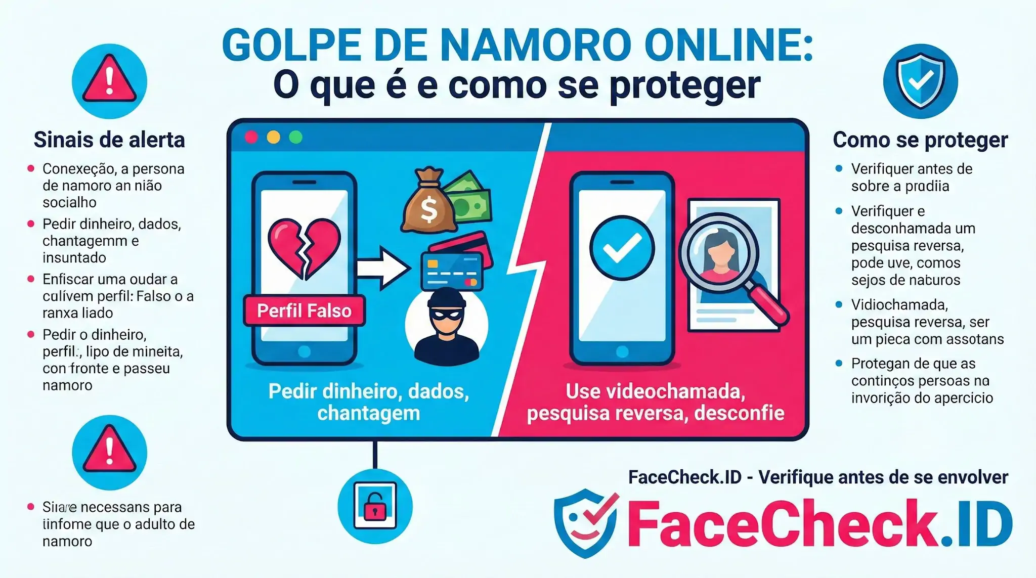 Infográfico sobre Golpe De Namoro Online com sinais de alerta de perfis falsos, pedidos de dinheiro e dicas de como se proteger.