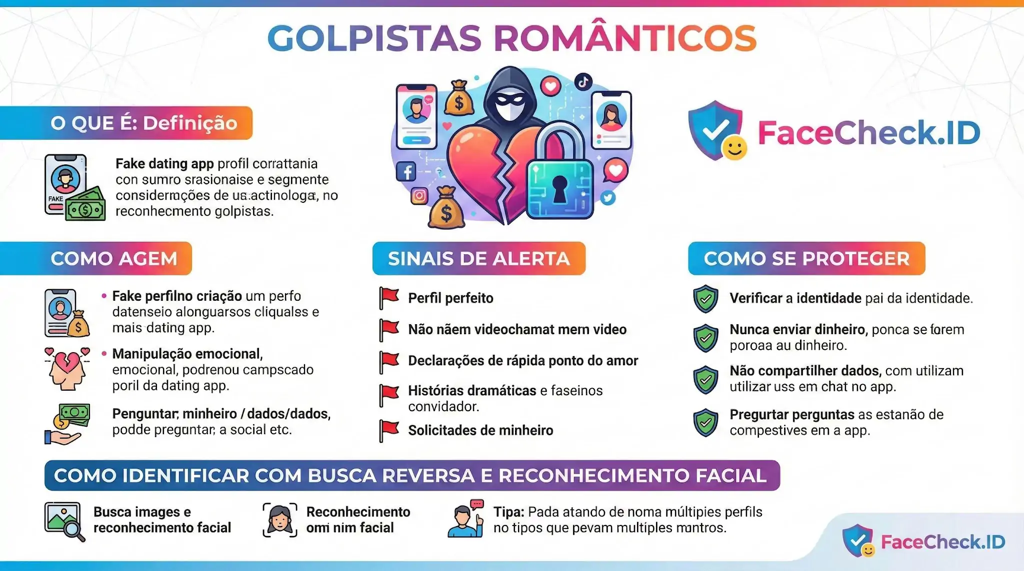 Infográfico sobre golpistas românticos explicando sinais de alerta, táticas de manipulação e como se proteger verificando identidades com reconhecimento facial.