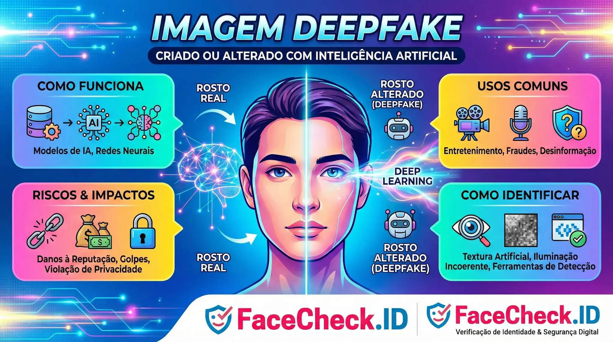 Imagem Deepfake Infográfico explicativo sobre Imagem Deepfake, detalhando como funciona a tecnologia, usos comuns, riscos e como identificar alterações visuais.