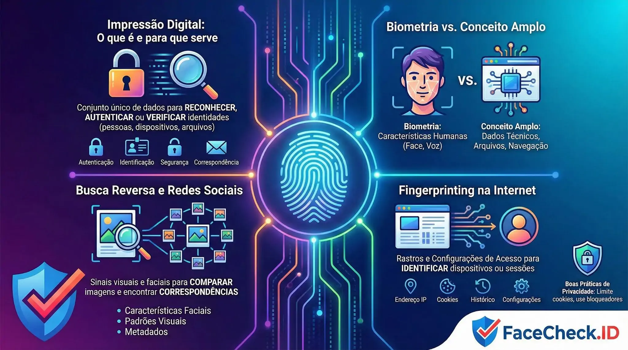 Infográfico explica o conceito de Impressão Digital para autenticação, comparando biometria facial, busca reversa de imagens e fingerprinting na internet.