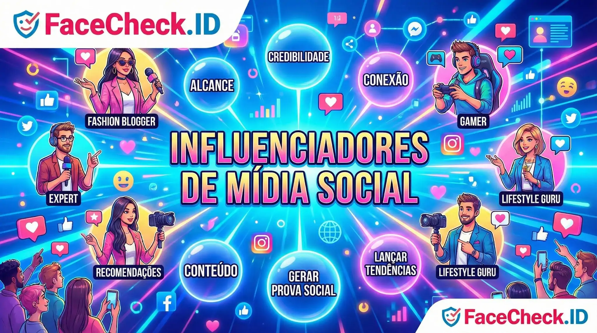 Ilustração vibrante de diversos influenciadores de mídia social, como gamers e gurus, conectados a conceitos de marketing, alcance e credibilidade.