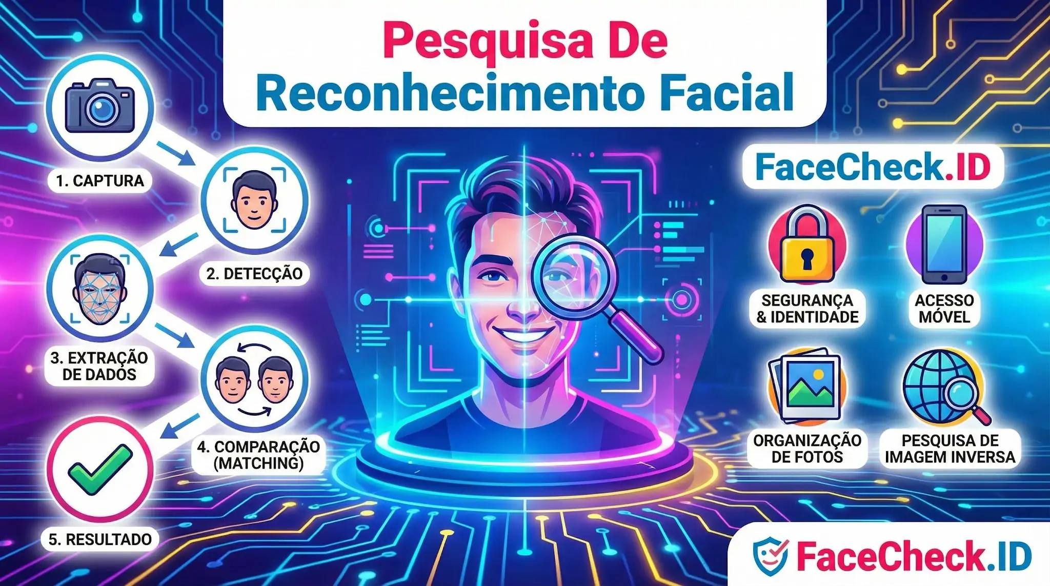 Infográfico ilustrando a pesquisa de reconhecimento facial: mostra as etapas de captura, detecção, extração de dados e comparação, até o resultado final pelo FaceCheck.ID.