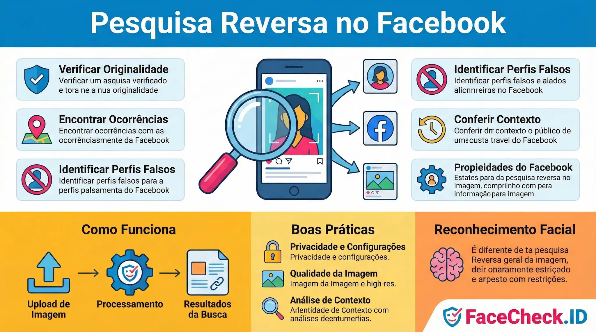 Pesquisa Reversa No Facebook Infográfico explicativo sobre Pesquisa Reversa no Facebook, mostrando passo a passo como verificar perfis falsos, checar a originalidade de fotos e usar o FaceCheck.ID.