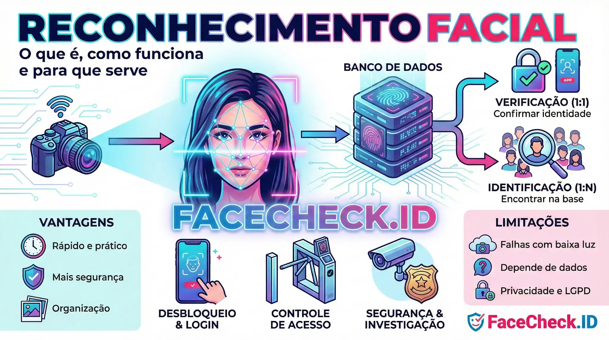Reconhecimento Facial Infográfico explicativo sobre reconhecimento facial, ilustrando o processo de captura, análise de dados e aplicações como segurança e controle de acesso.