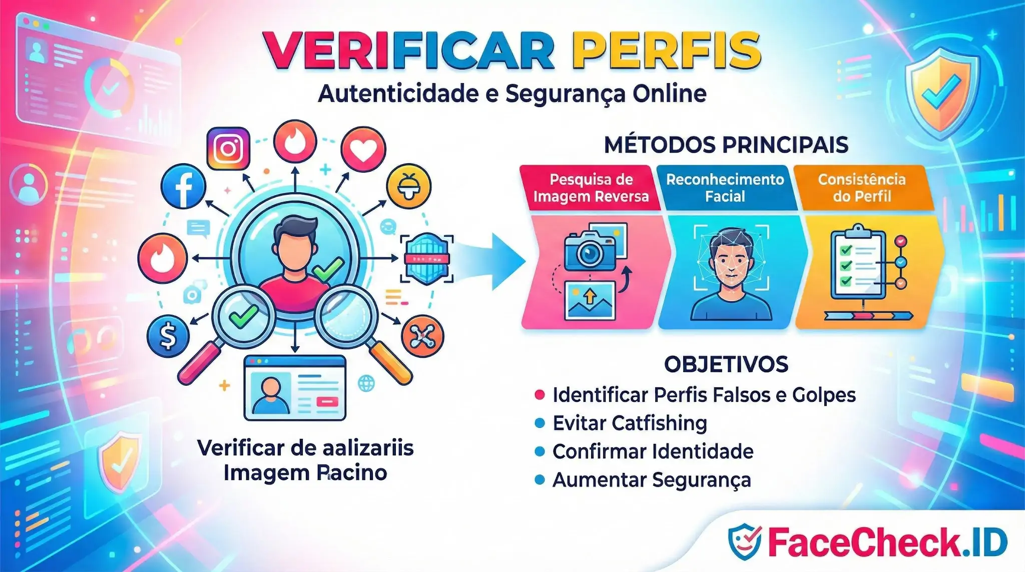 Infográfico explicativo sobre métodos para Verificar Perfis online, como pesquisa de imagem reversa e reconhecimento facial, visando evitar fraudes e catfishing.