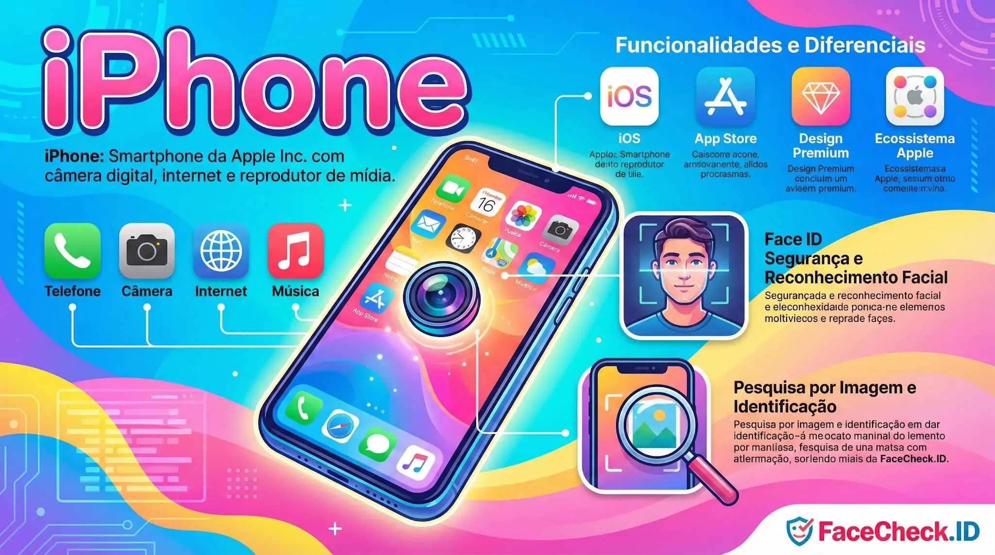 Infográfico colorido do iPhone exibindo suas principais funcionalidades como câmera, internet, iOS e recursos de segurança como o Face ID.