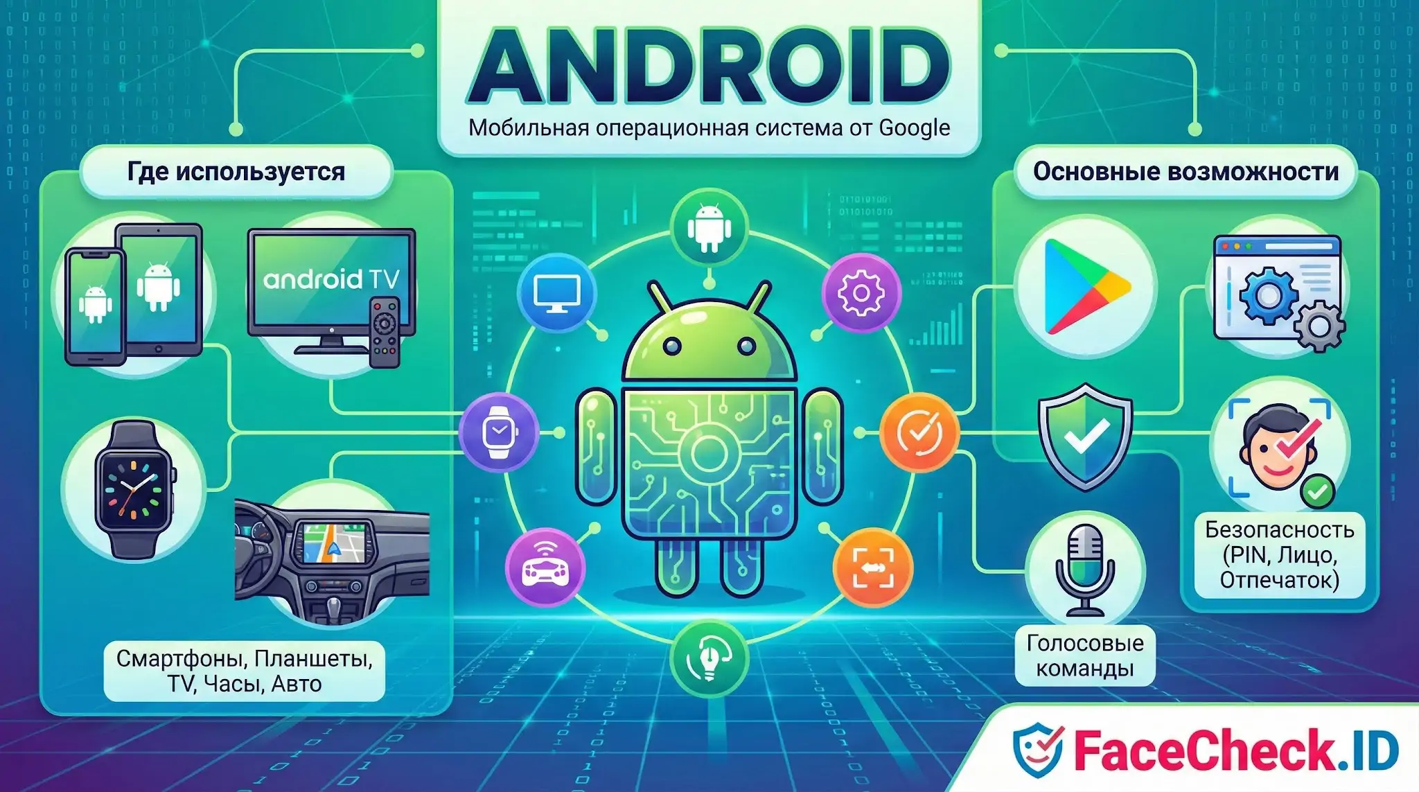 Android Инфографика Android: использование на смартфонах, ТВ, авто и часах, а также функции безопасности и голосового управления.