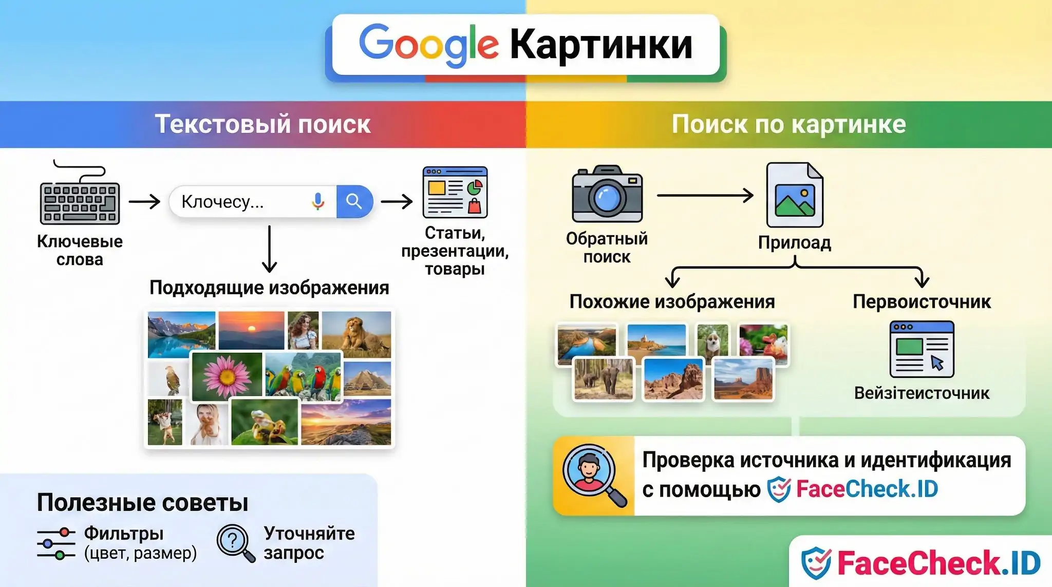 Инфографика Google Картинки: сравнение текстового поиска по ключевым словам и обратного поиска по изображению с подсказками по проверке источника через FaceCheck.ID.