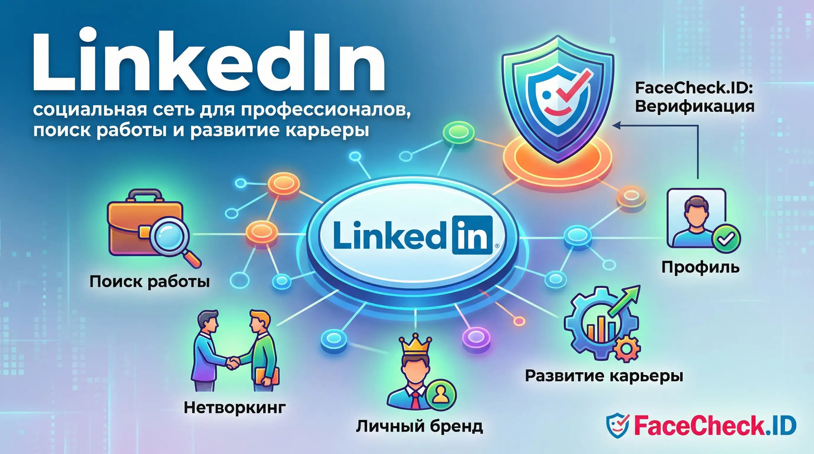 LinkedIn Инфографика LinkedIn: социальная сеть для поиска работы, развития карьеры, нетворкинга и верификации через FaceCheck.ID