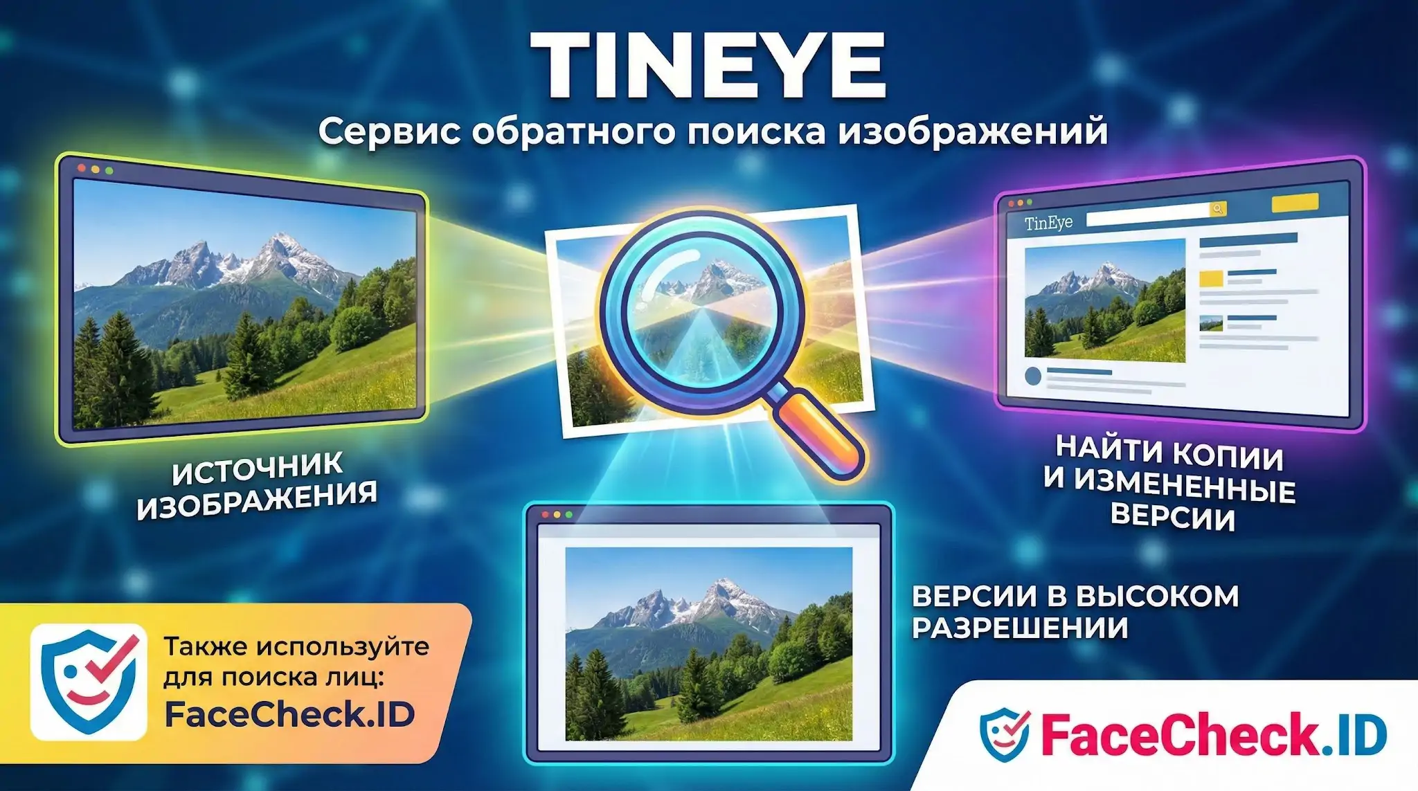 TinEye Инфографика сервиса TinEye: процесс обратного поиска изображений, включая поиск источника, копий, измененных версий и вариантов в высоком разрешении.