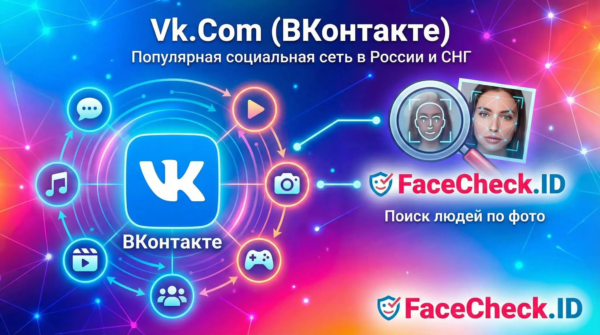 Логотип Vk.Com в окружении иконок сервисов и реклама поиска людей по фото FaceCheck.ID