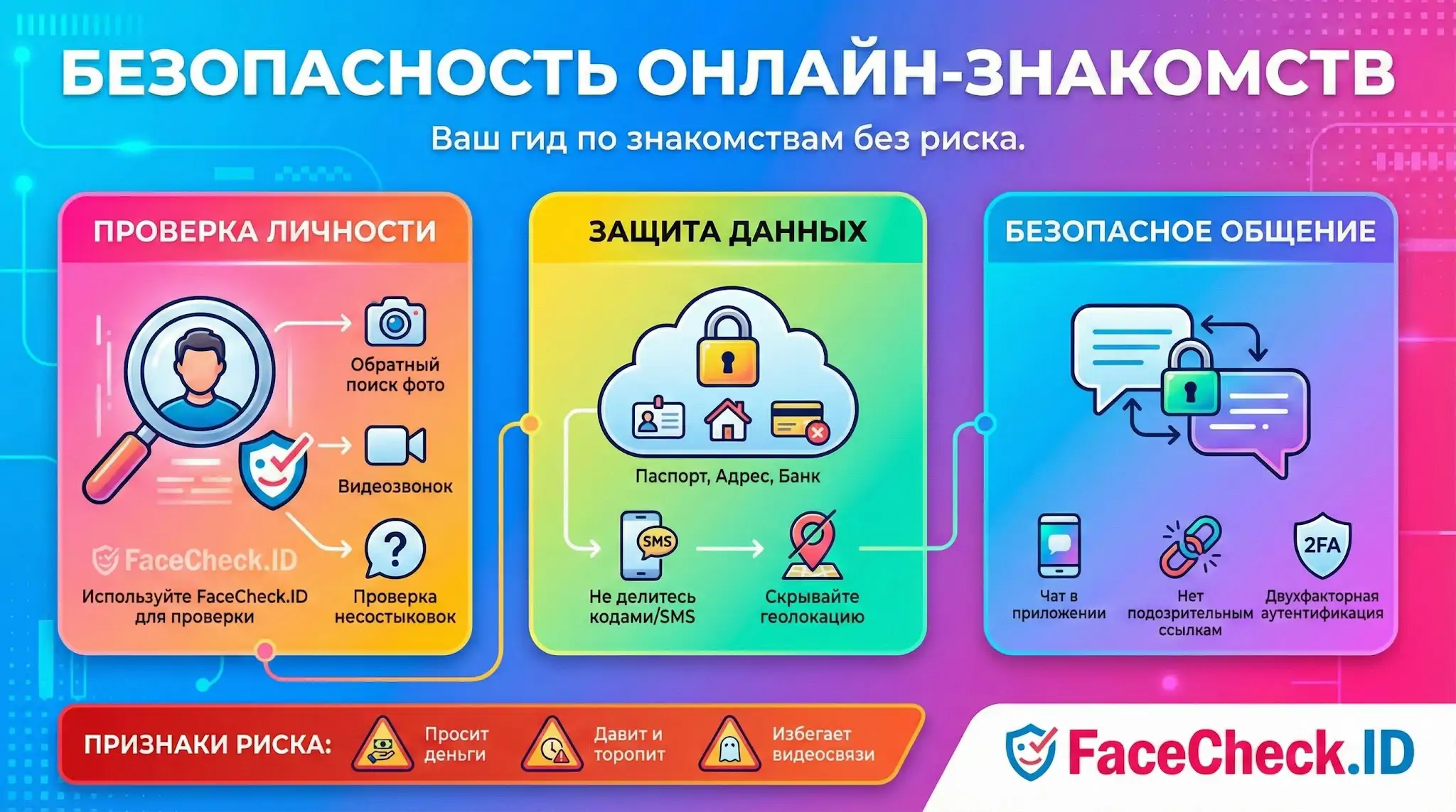 Инфографика Безопасность Онлайн-Знакомств: гид FaceCheck.ID по проверке личности, защите данных, безопасному общению и признакам риска.