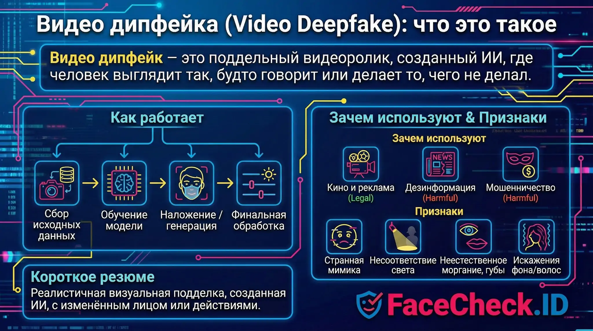 Инфографика о видео дипфейка: процесс создания, примеры использования и признаки подделки от FaceCheck.ID.