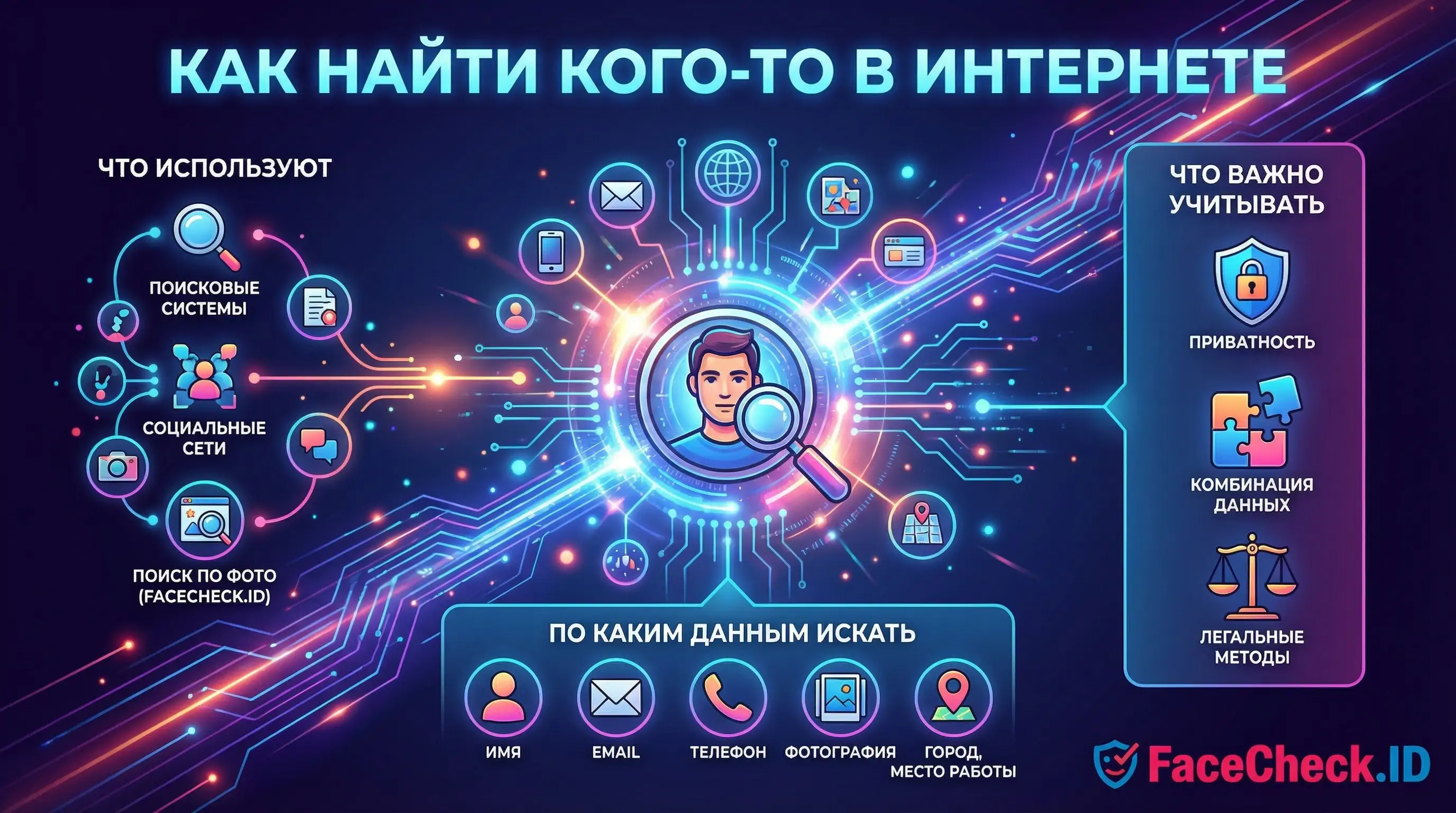 Инфографика: Как найти кого-то в интернете, используя поиск по фото, социальные сети и поисковые системы, учитывая приватность.