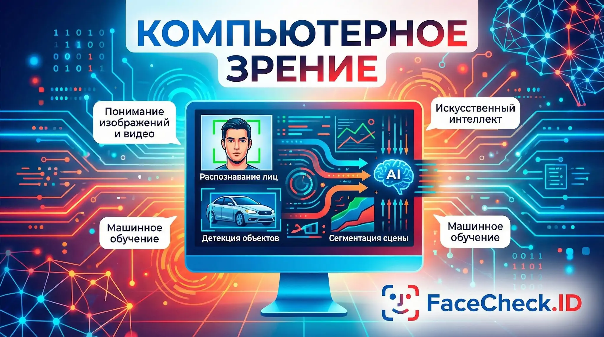 Компьютерное зрение: инфографика о распознавании лиц, детекции объектов и машинном обучении с FaceCheck.ID