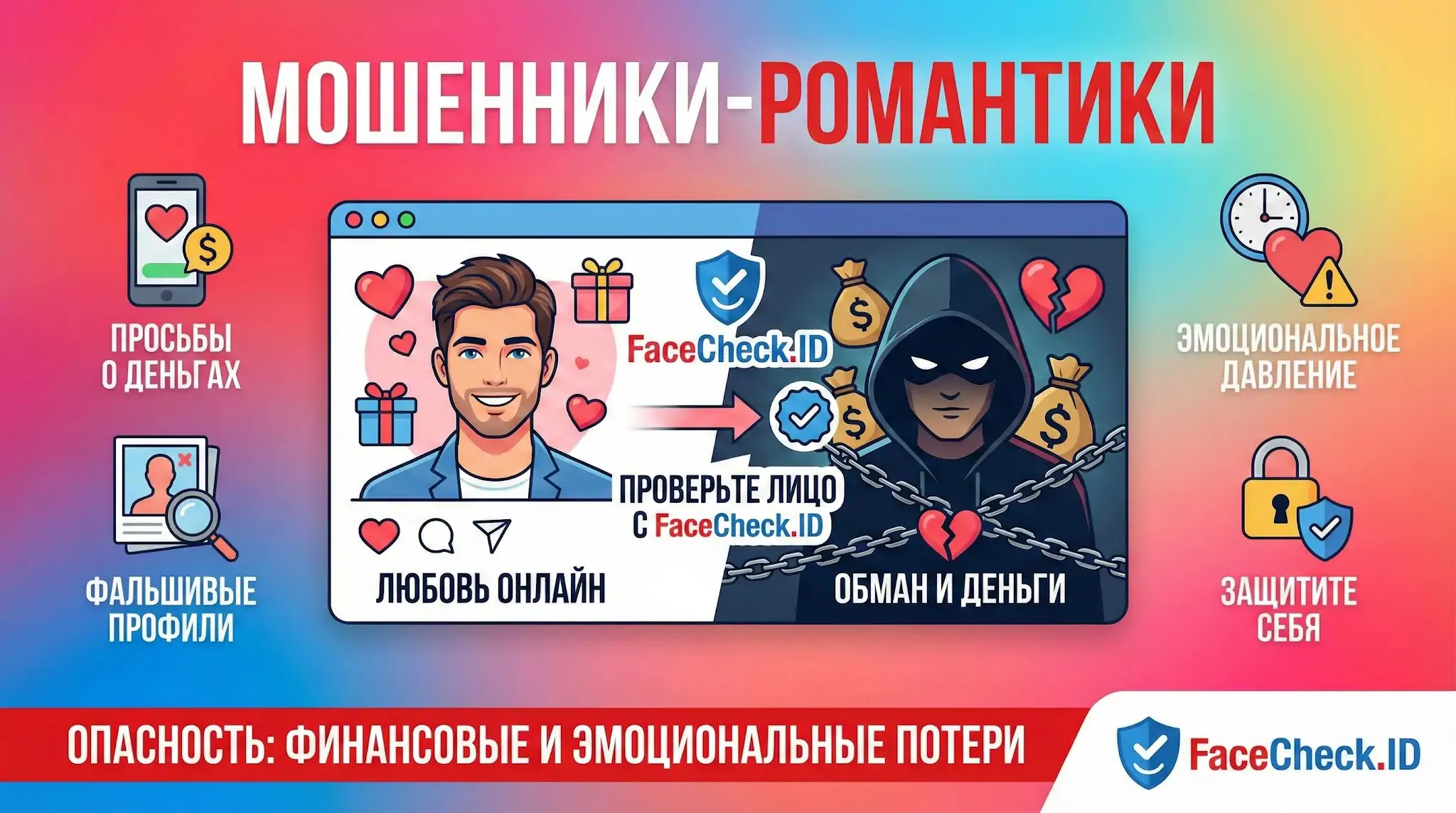 Мошенники-Романтики Инфографика Мошенники-Романтики: как распознать аферистов в интернете и защитить себя с помощью проверки фото через FaceCheck.ID