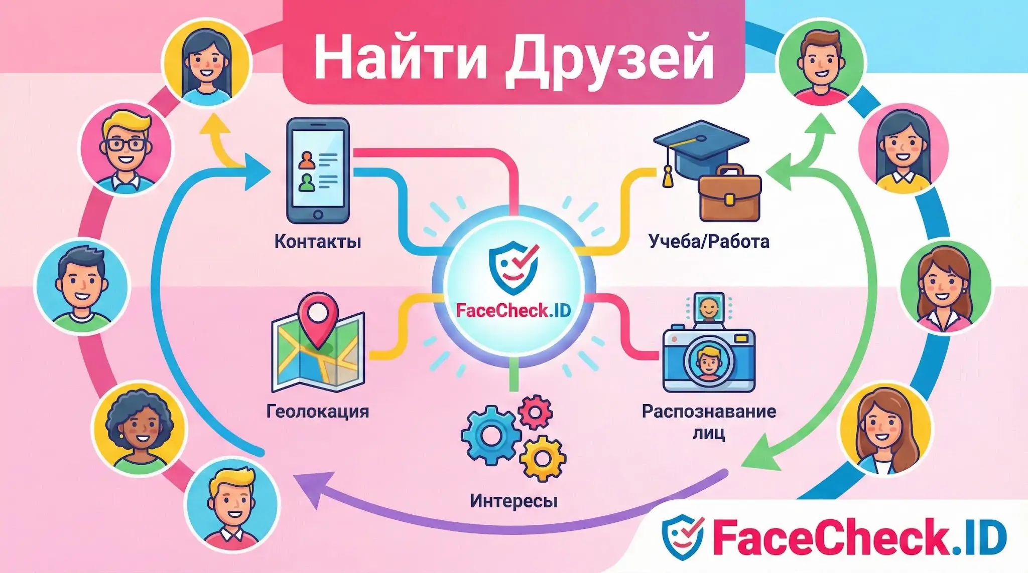 Найти Друзей Инфографика Найти Друзей через FaceCheck.ID: поиск по контактам, геолокации, учебе, интересам и распознаванию лиц