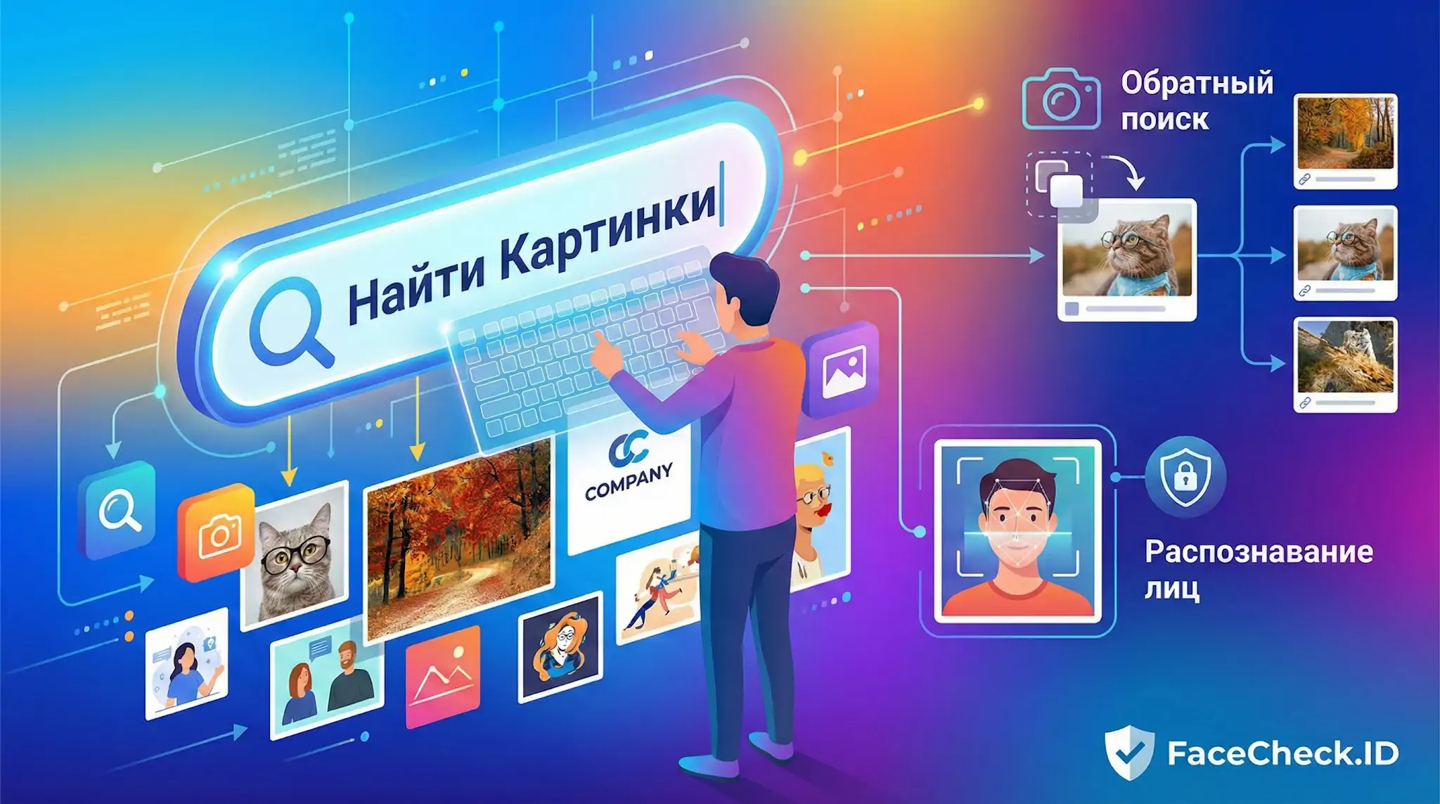 Пользователь вводит запрос Найти Картинки в поисковую систему с функциями обратного поиска и распознавания лиц.