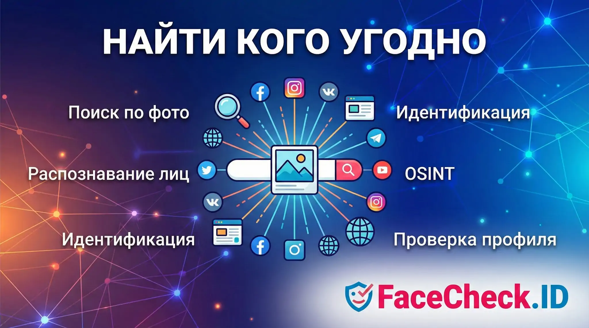 Найти кого угодно по фото: функции FaceCheck.ID для распознавания лиц, OSINT поиска, проверки профиля и идентификации.