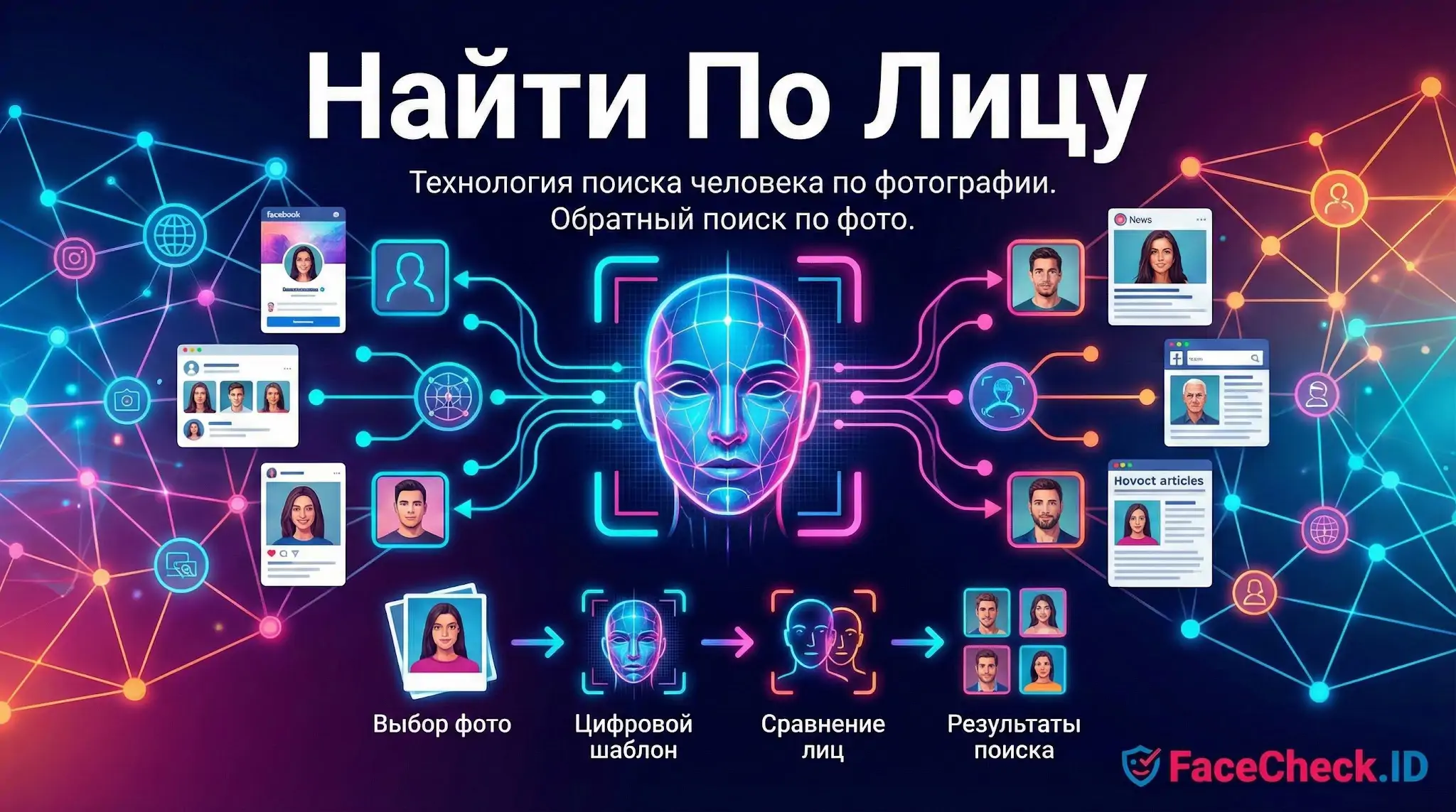 Схема работы сервиса FaceCheck ID: Найти По Лицу человека по фото через сканирование, создание цифрового шаблона и сравнение.