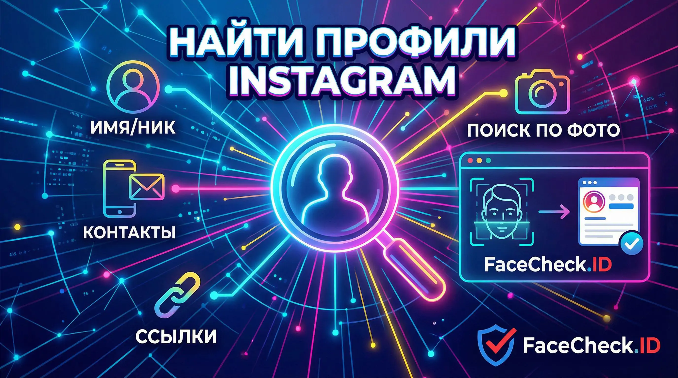 Найти профили Instagram по фото — инфографика FaceCheck.ID с методами поиска: по имени, контактам и ссылкам.