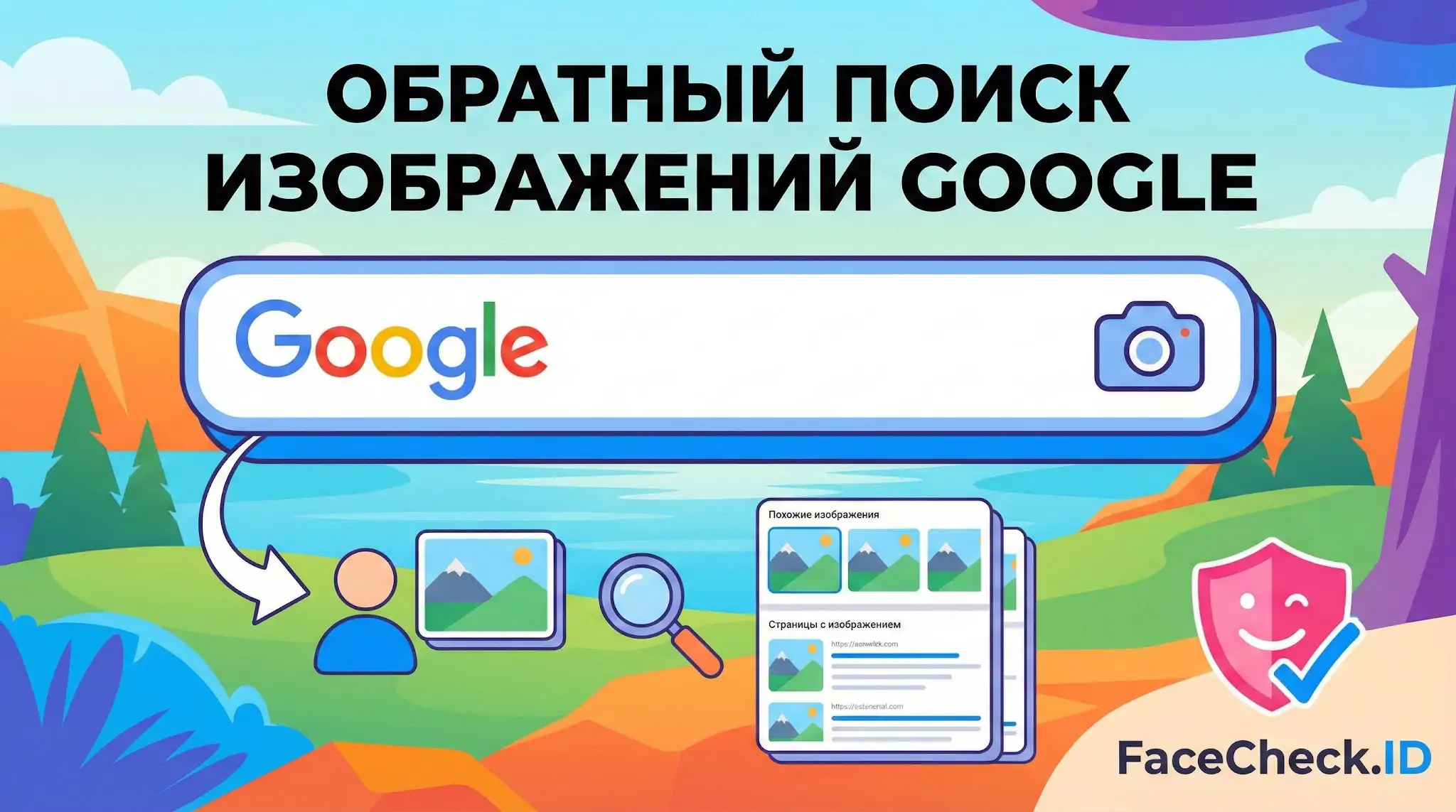 Схема того, как работает Обратный Поиск Изображений Google: загрузка фото через иконку камеры для поиска похожих картинок.