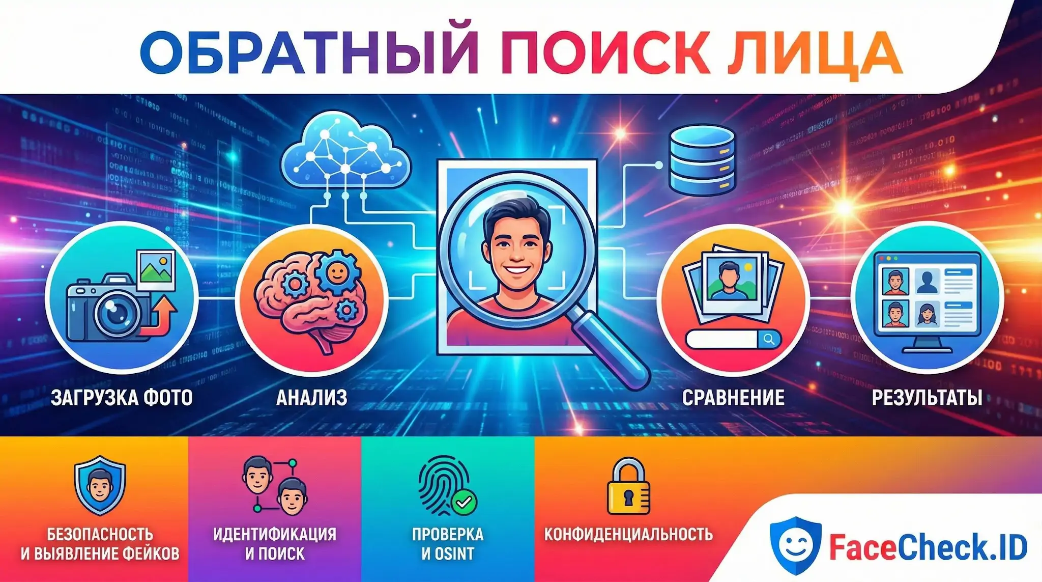 Обратный Поиск Лица Инфографика сервиса FaceCheck.ID, показывающая процесс: обратный поиск лица по фото, анализ, сравнение и результаты.