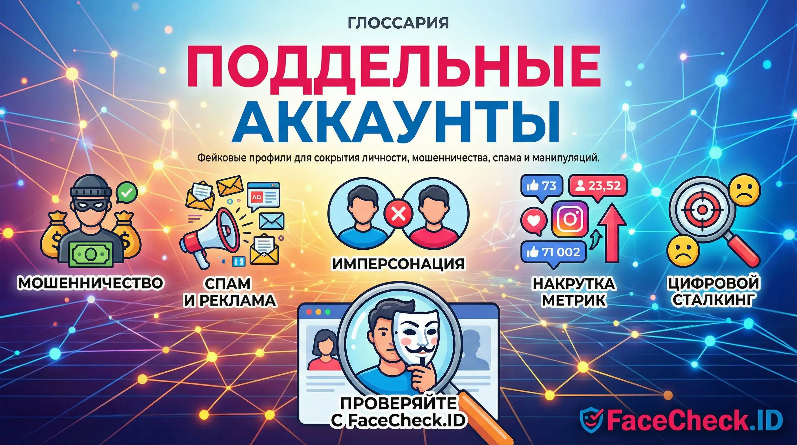 Поддельные Аккаунты Инфографика Поддельные Аккаунты с иконками мошенничества, спама, имперсонации и цифрового сталкинга, призвана защитить пользователей.