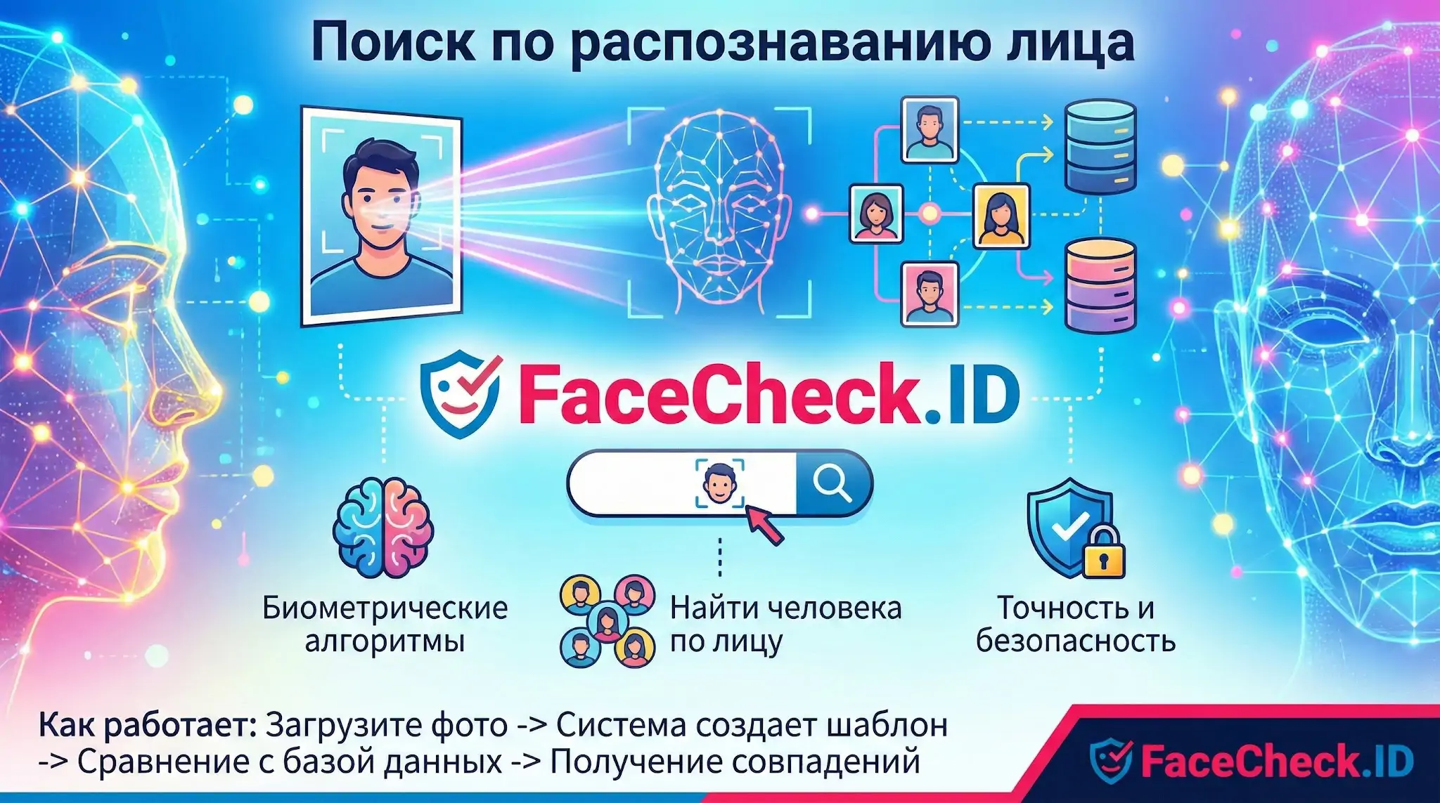 Поиск по распознаванию лица на сервисе FaceCheck.ID с биометрическим анализом фото.
